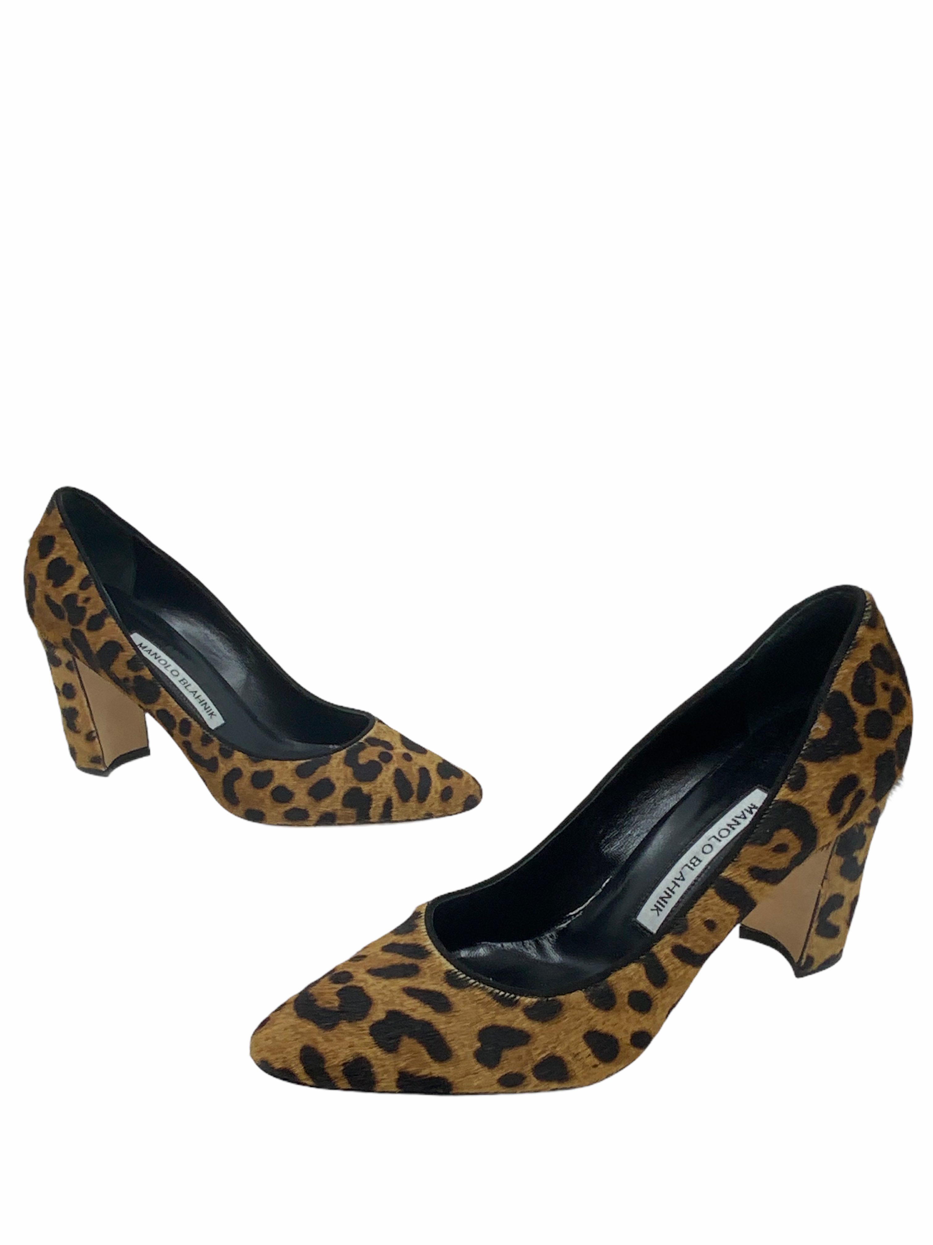 Manolo Blahnik Tucciototo Leopard Print Calf Hair Pumps Women's Size 7 - Elegant Heels for Parties, Weddings & Evening Events