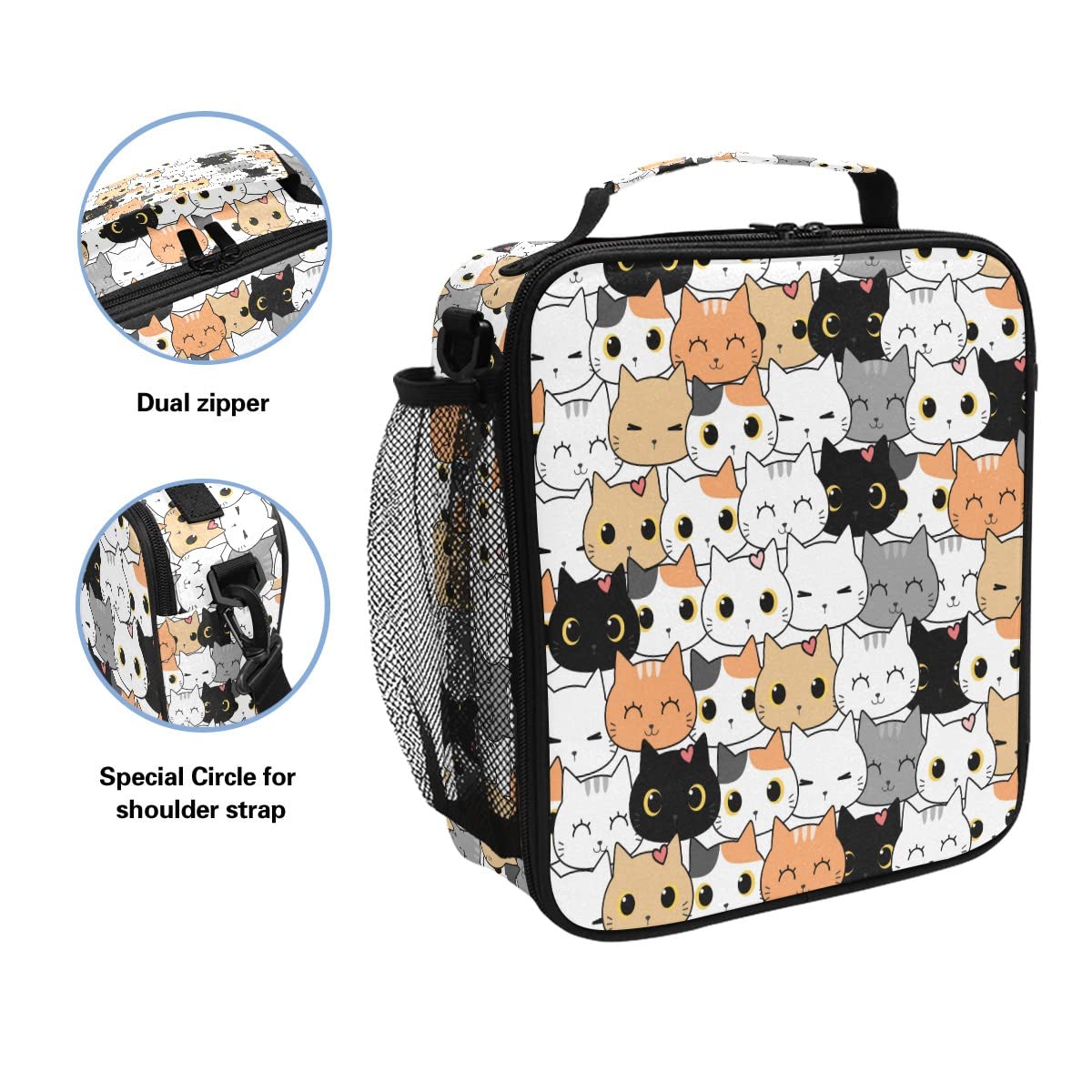 Insulated Cute Cat Pattern Lunch Bag - Leakproof Cooler Tote with Shoulder Strap for School, Work & Picnics | Meal Organizer for Women, Girls & Boys
