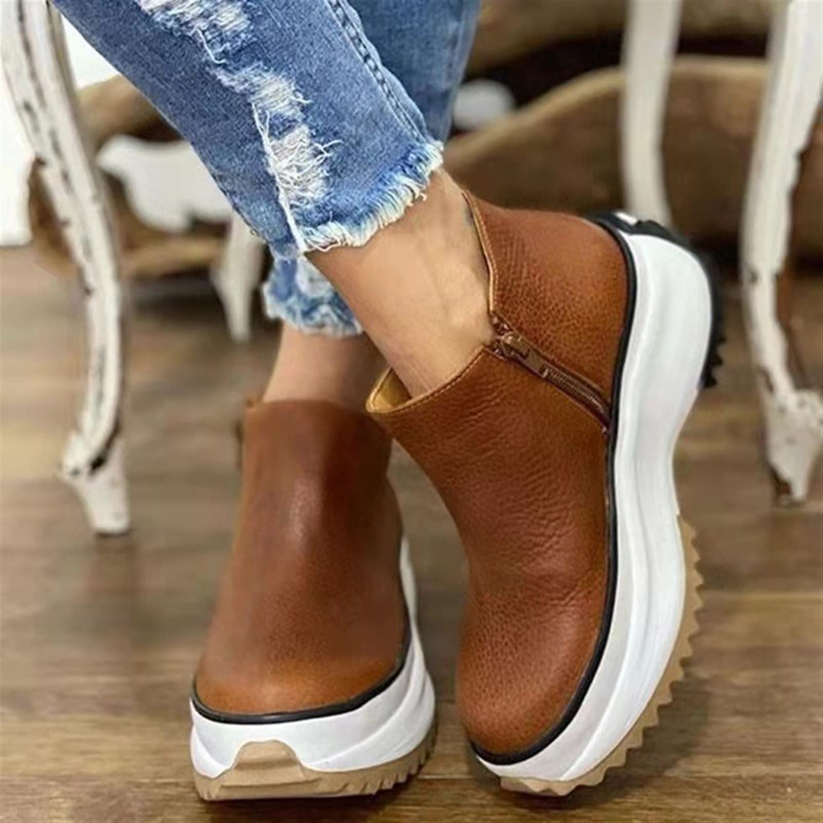 Women's Fashion Casual Short Boots - Low Top Flat Shoes with Thick Sole, Pull-On Design, Nude & Black Options | Perfect for Spring & Fall Outfits, Office Wear, and Daily Comfort (Size 7.5)