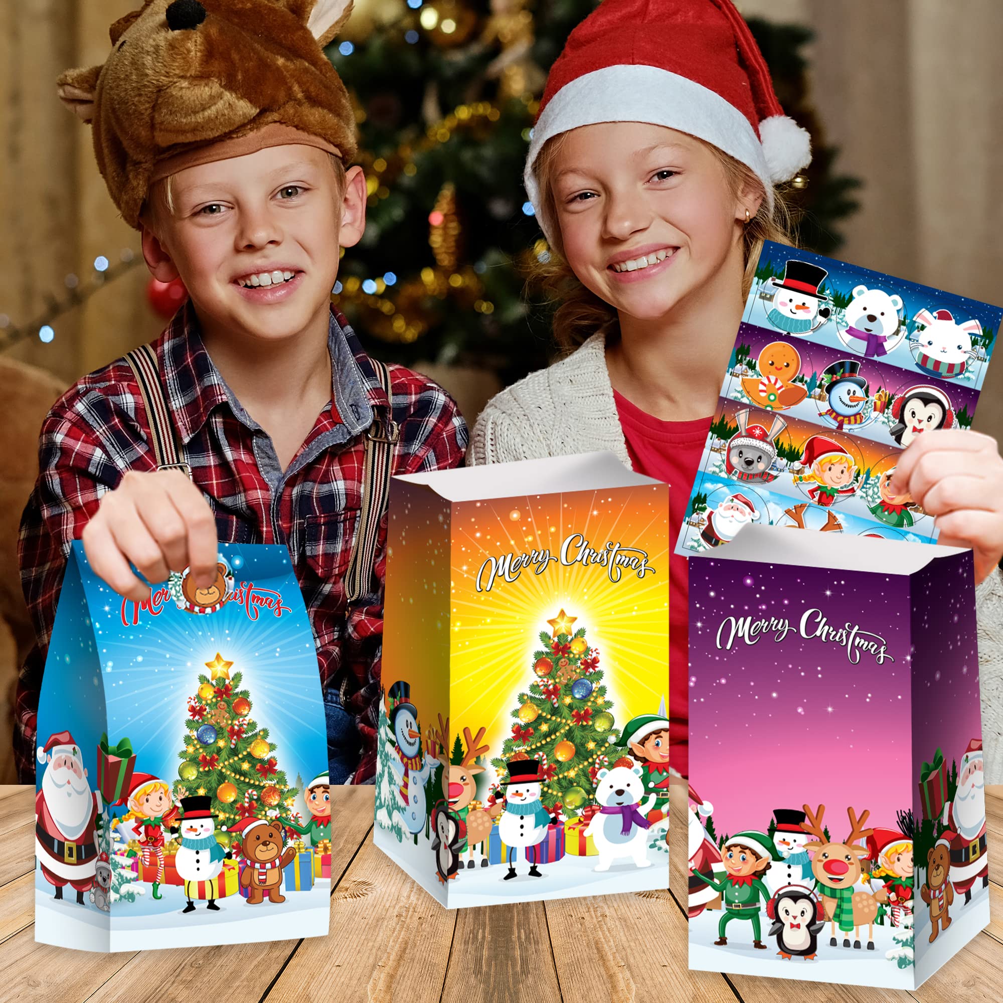 ArtCreativity 24-Pack Christmas Treat Bags with Stickers - 10 Inch Holiday Candy Bags for Sweets, Toys & Gifts | Perfect for Classroom Parties, Stocking Stuffers & Christmas Gift Exchanges