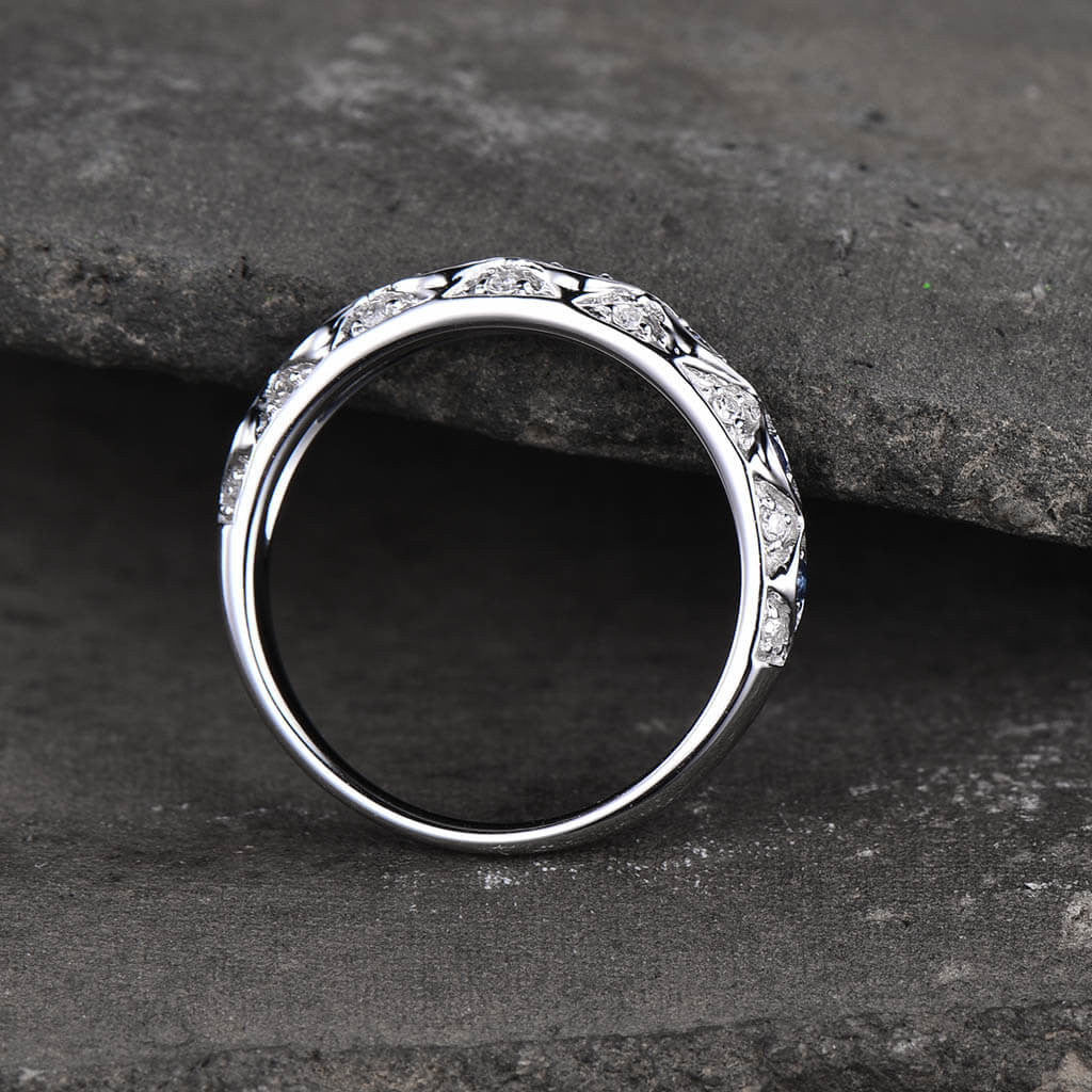 Vintage Sapphire and Diamond Wedding Band for Women - 14K White Gold Stackable Half Eternity Ring - Perfect for Bridal Jewelry, Anniversary Gifts & Stacking Rings Collection