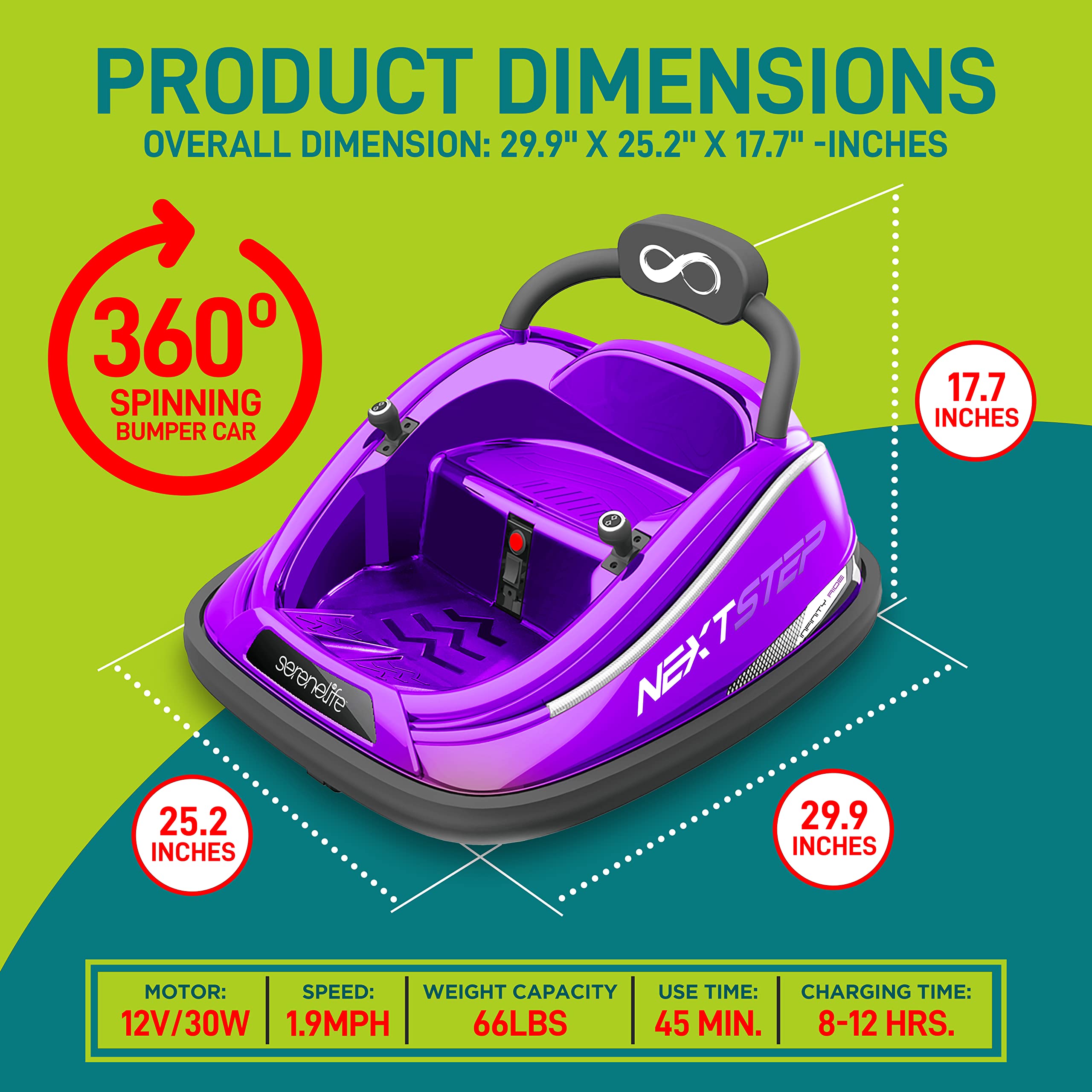 SereneLife 12V Electric Bumper Car for Kids - Rechargeable Battery Powered Ride On Toy with 2 Speed Modes, Parent Remote Control & Safety Features - Perfect for Indoor & Outdoor Play, Birthday Gifts (Purple)