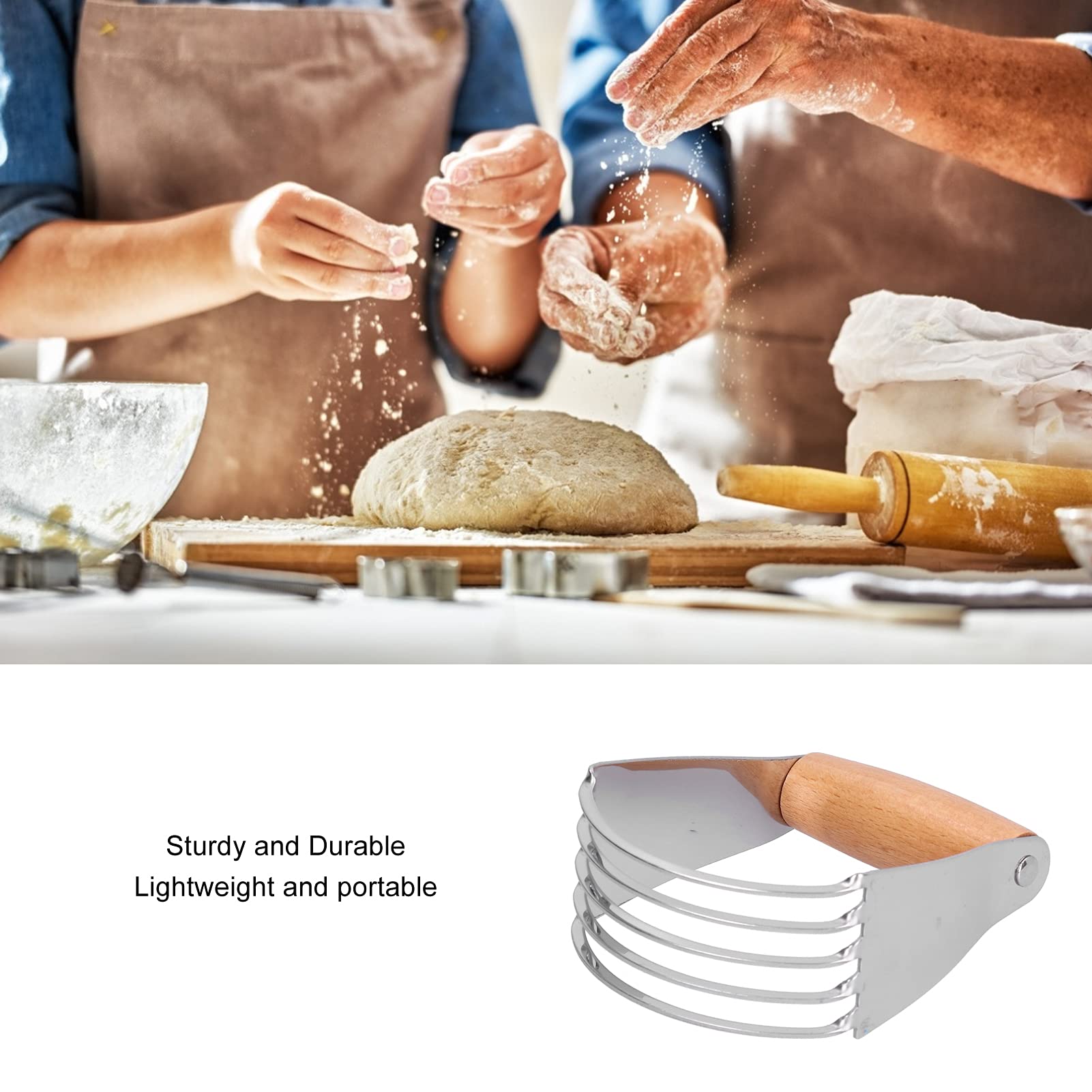 Professional Pastry Blender with Strong Thick Blade - Wood & Blue Dough Cutter for Baking Pies, Biscuits & Pastries - Ergonomic Soft Handle Fits All Hand Sizes - Perfect for Home Bakers & Professional Chefs (Ideal for Mixing Dough, Cutting Butter into Flour, and Creating Flaky Pastry Textures)