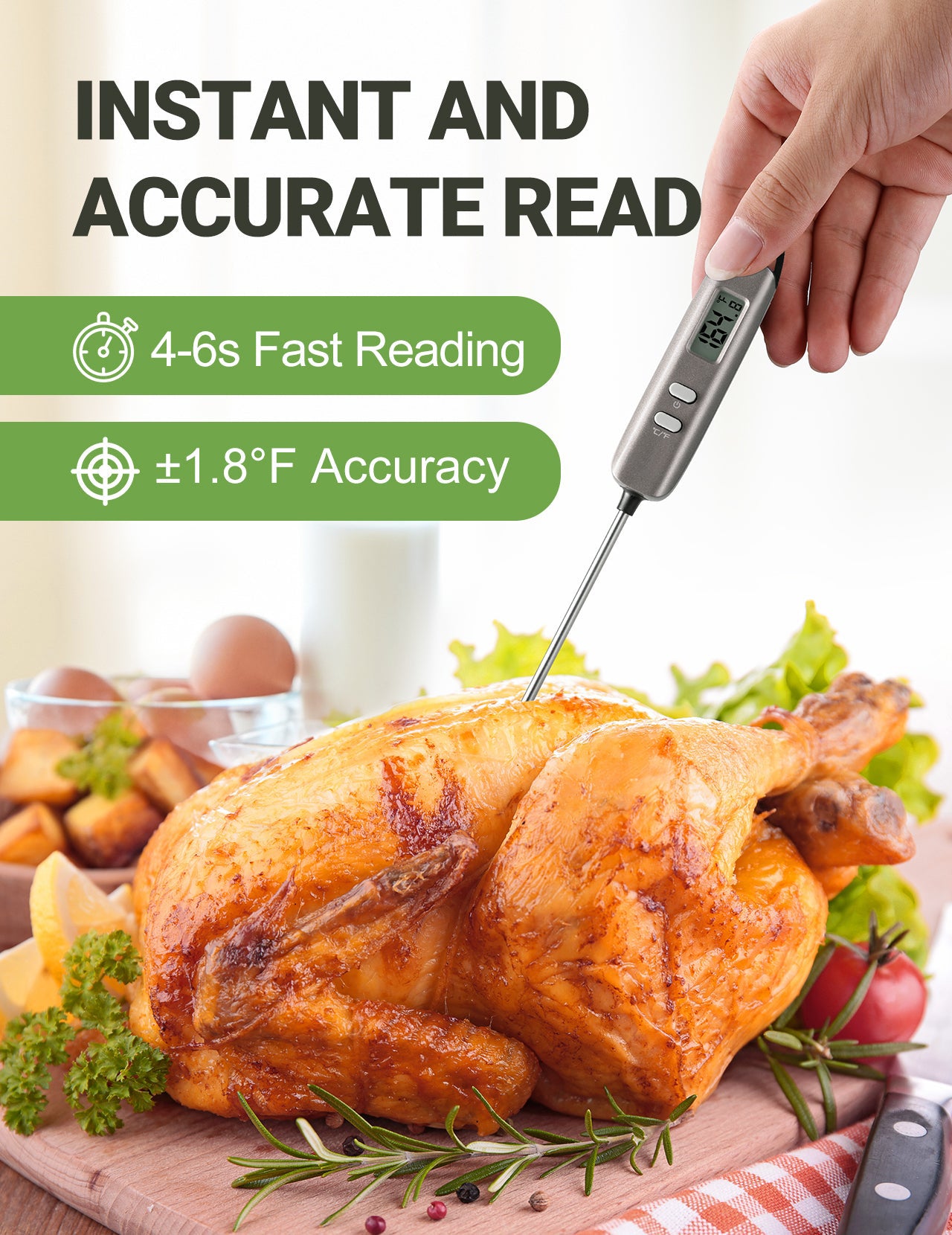 Digital Meat Thermometer - Instant Read Food Thermometer for Grilling, BBQ, Cooking & Baking - Accurate Kitchen Thermometer with Backlit LCD Display