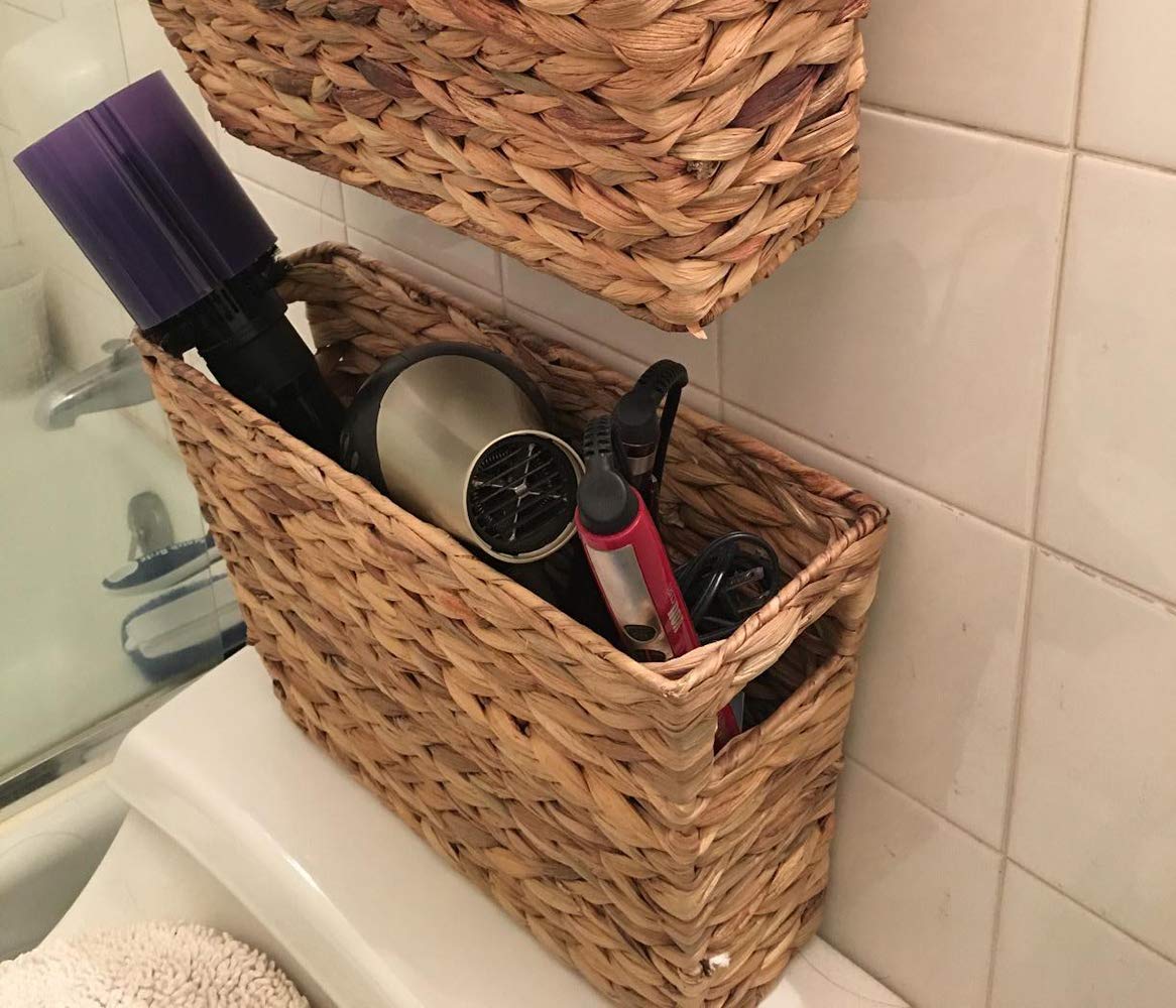 Yesland Hand-Woven Natural Water Hyacinth Magazine Basket - 15.5 x 5.5 x 9.75 Inch Narrow Wicker Storage Bin for Home Office Desk - Perfect for Organizing Magazines, Books & Office Supplies in Living Room or Workspace