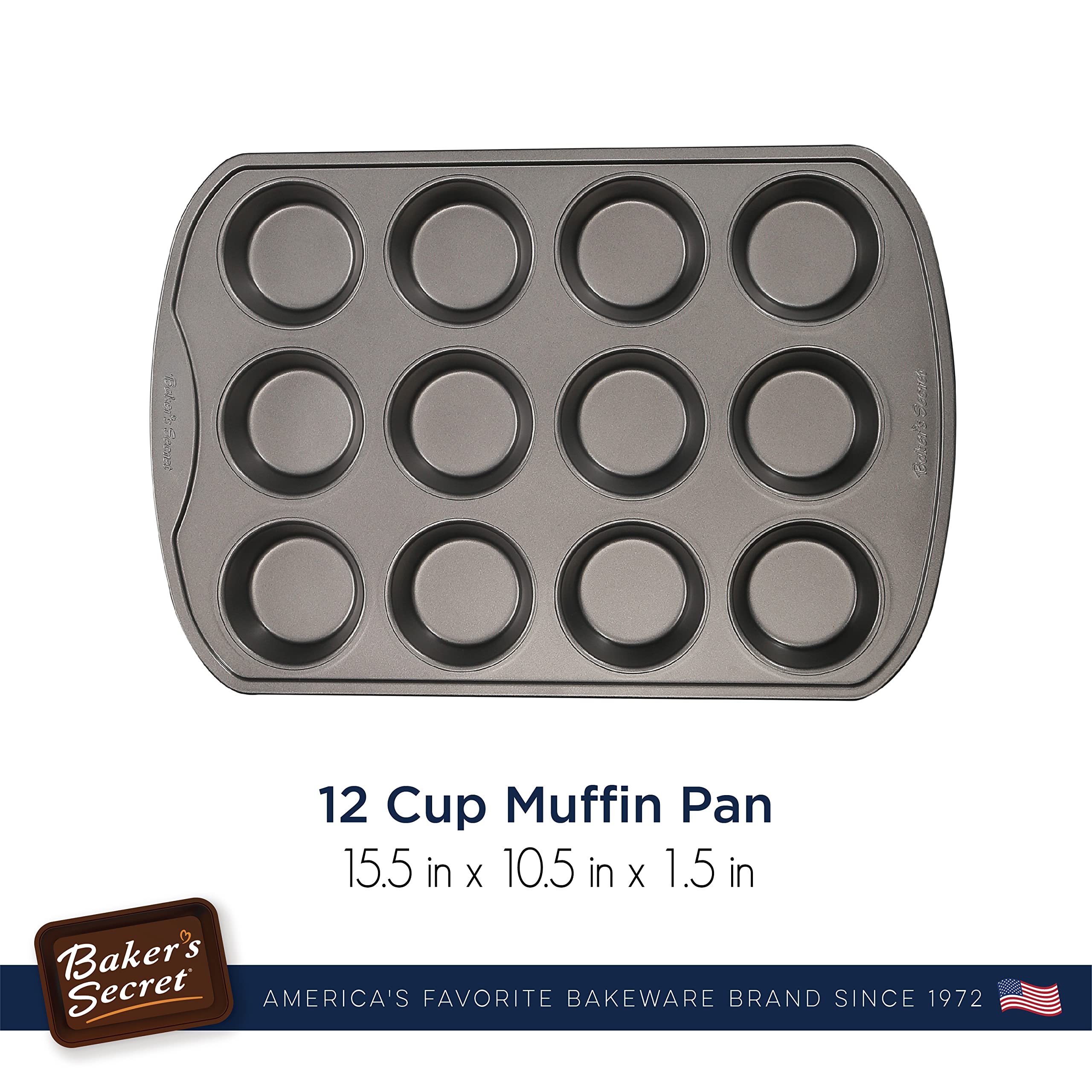 Baker's Secret 12-Cup Nonstick Muffin Pan - Carbon Steel Cupcake Baking Pan with Easy Release Coating, Dishwasher Safe Bakeware for Muffins & Cupcakes - Perfect for Home Baking, Party Desserts & Holiday Treats