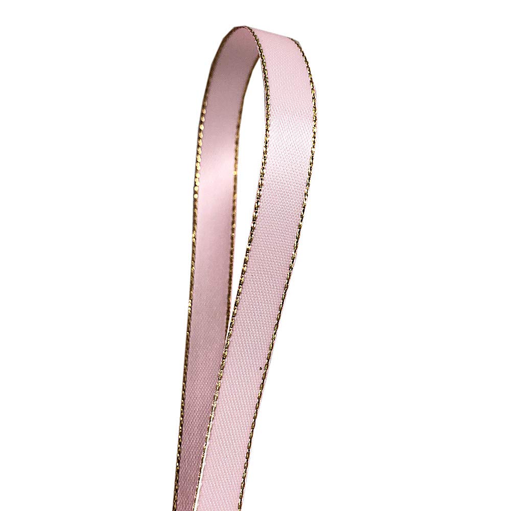 QIANF Pink Double Face Satin Ribbon with Gold Border - 1/4 Inch x 50 Yards - Perfect for Gift Wrapping, DIY Crafts, Hair Bows, and Wedding Decorations