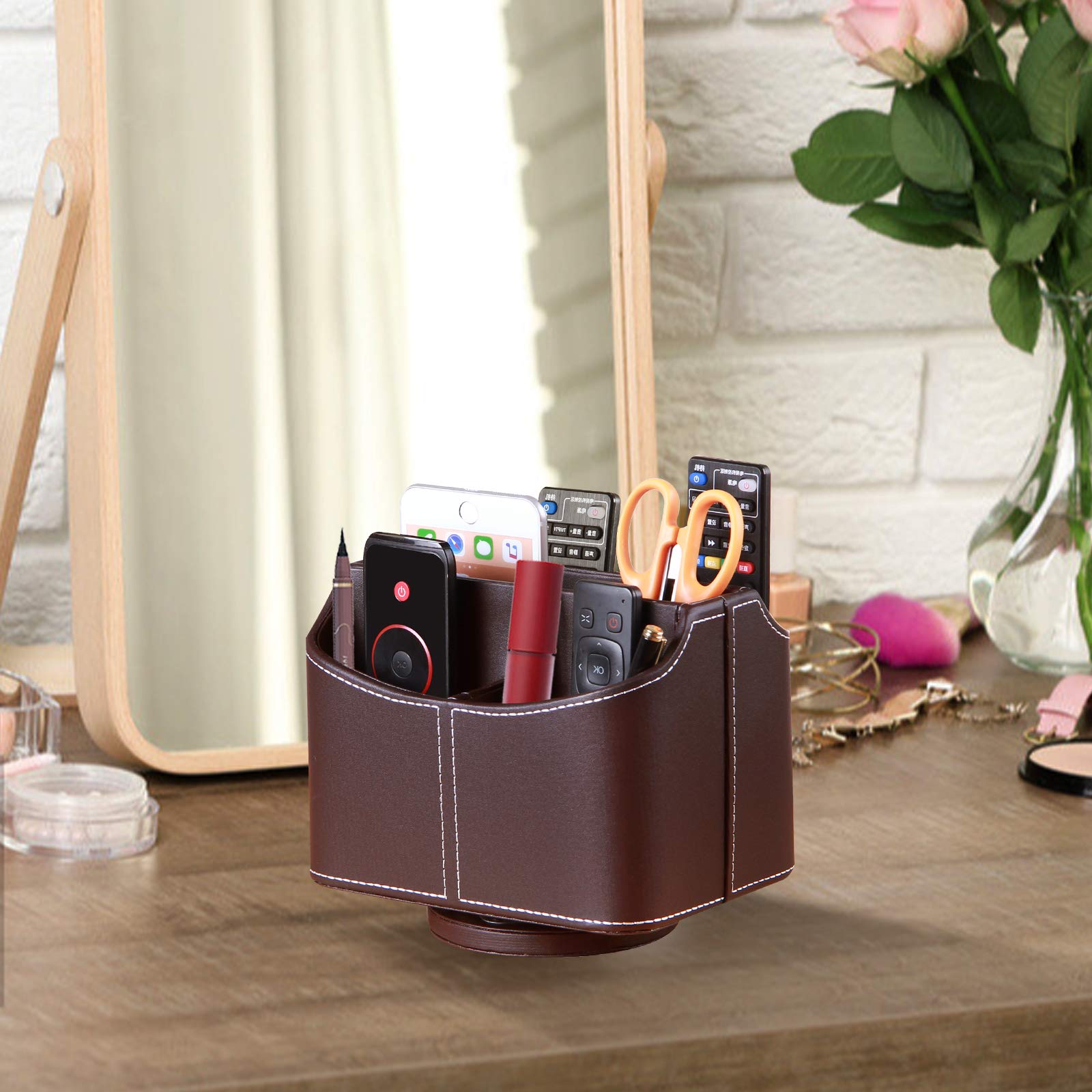 YAPISHI 360° Rotating Leather Remote Control Holder - Desk & Coffee Table Organizer for TV Remote, Controller, Phone, Pencil Storage | Perfect for Living Room, Bedroom, Office Organization