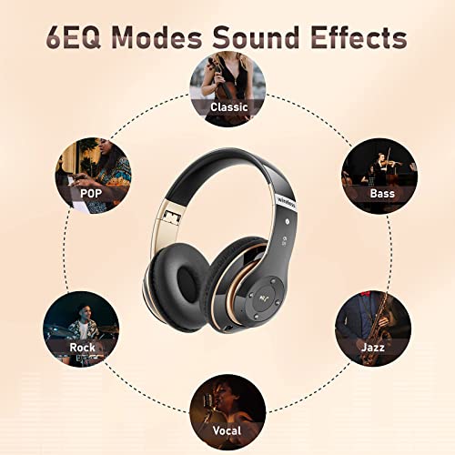 Premium Bluetooth Over-Ear Headphones with 6 EQ Modes, 40H Playtime & HiFi Stereo – Wireless/Wired Foldable Headset with Mic, FM/TF for Phone/PC/Work (Black & Gold) – Perfect for Gaming, Travel & Office Use
