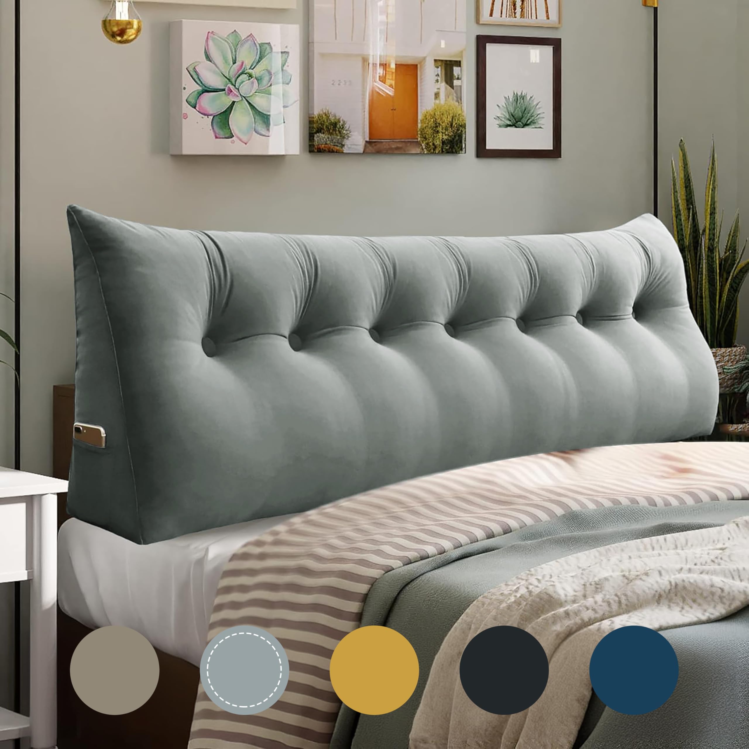 WOWMAX King Size Velvet Wedge Pillow for Headboard - 100% Cotton Triangular Bolster Pillow for Bed, Daybed & Back Support - Soft Gray Luxury Bedding Accessory (Perfect for Reading, Watching TV & Relaxing in Bed)