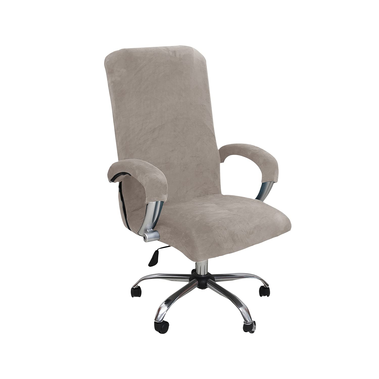 NILUOH Velvet Office Chair Cover with Armrests - Stretchable Universal Computer Desk Chair Cover for Boss Swivel & Gaming Chairs (Size L, Light Brown) - Home Office & Gaming Setup Accessory