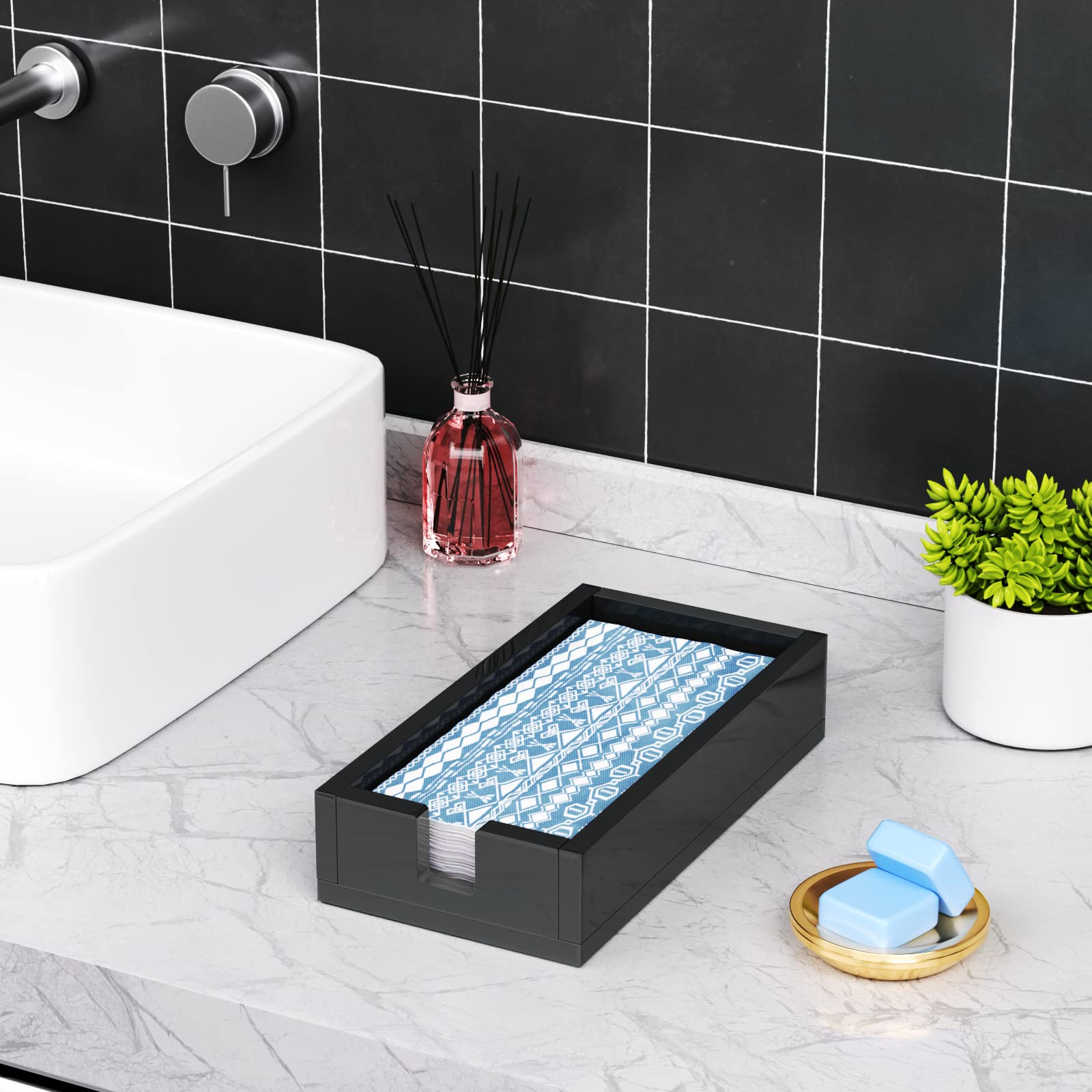HIIMIEI Acrylic Napkin Holder - Black Bathroom & Kitchen Towel Organizer for Guest, Disposable Napkins, Hand Towel Tray - Perfect for Parties, Weddings, Hotels & Restaurants (Black) - Ideal for Home Decor & Hospitality Use