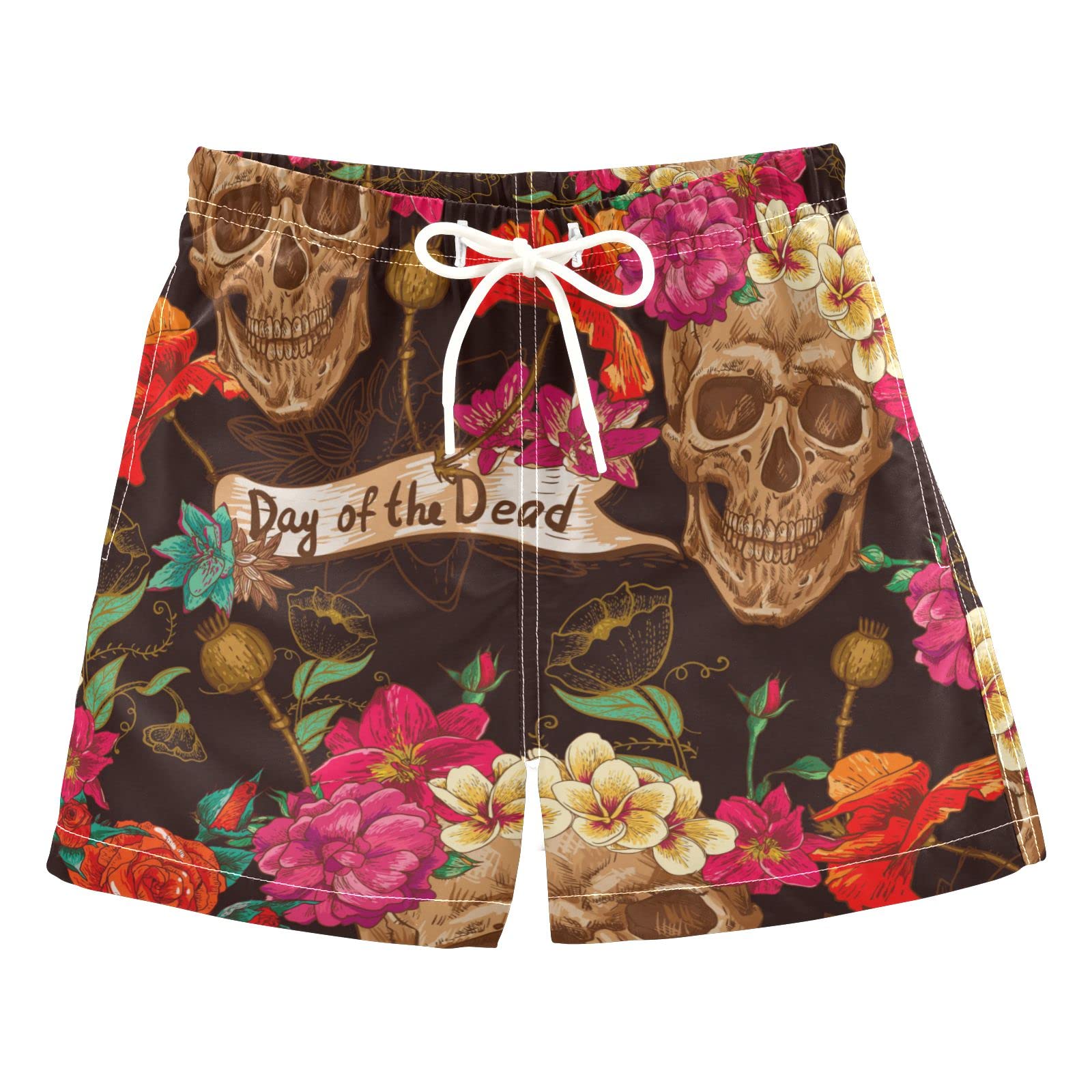 AMICHIC Boys' Skull & Flowers Swim Trunks - Quick Dry Toddler Swimwear for Kids 2-8 Years | Beach, Pool & Summer Water Activities