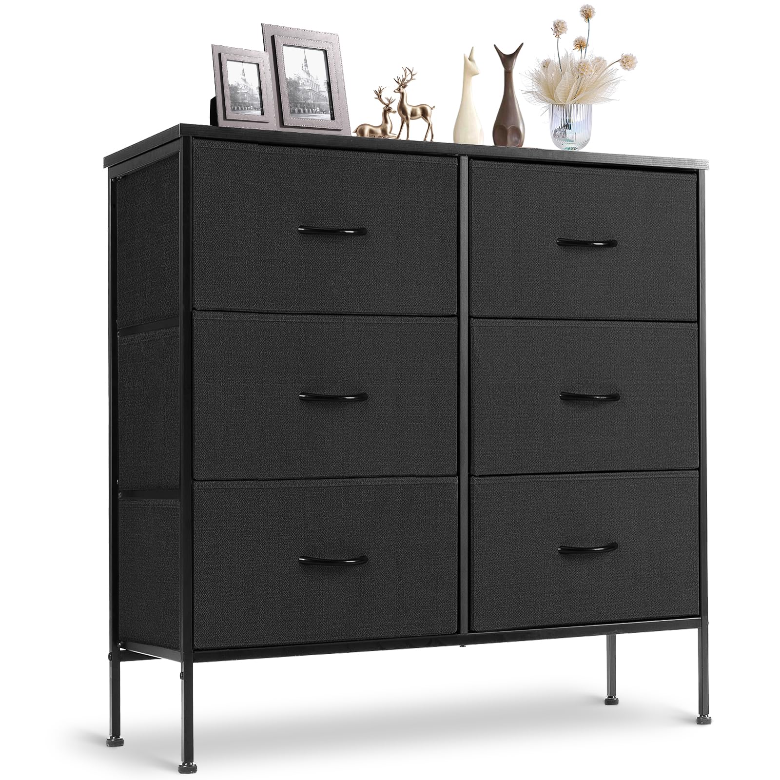 6-Drawer Fabric Dresser for Bedroom & Closet - Black Storage Tower with Wood Top | Space-Saving Organizer for Small Spaces
