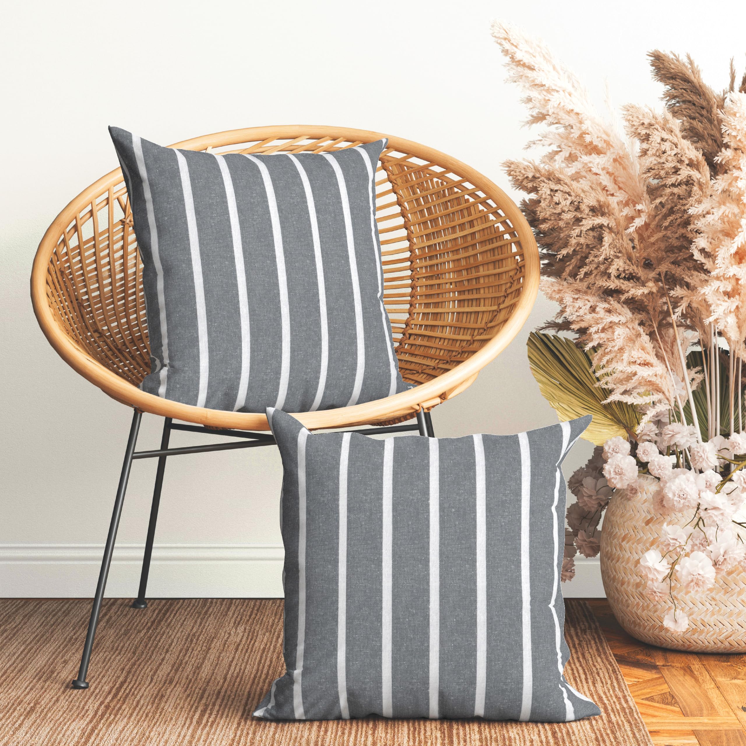 Encasa XO Farmhouse Throw Pillow Covers Set of 2 - 18x18 Inch Roma Grey Stripes Decorative Cushion Covers | No Inserts | Plaid & Stripes Pillow Covers for Living Room, Couch, Sofa, Bedroom & Home Decor | Cozy Farmhouse Style Accent Pillows for Seasonal Decor & Gift Giving