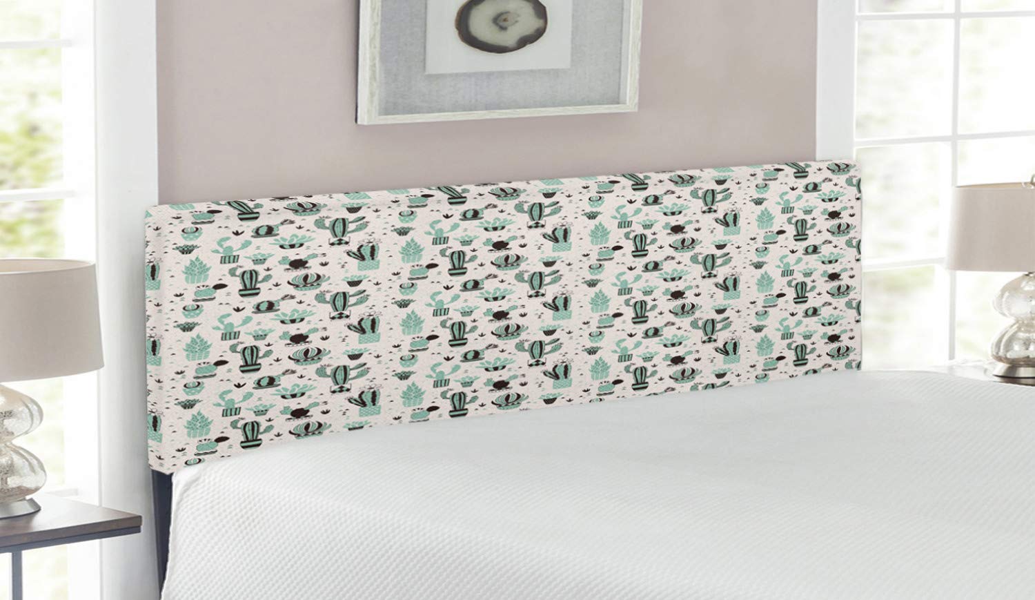 Ambesonne Queen Size Upholstered Metal Bed Headboard with Memory Foam - Cactus Doodle Cartoon Design with Geometric Foliage Pattern in Mint Black Beige | Perfect for Bohemian & Modern Bedroom Decor