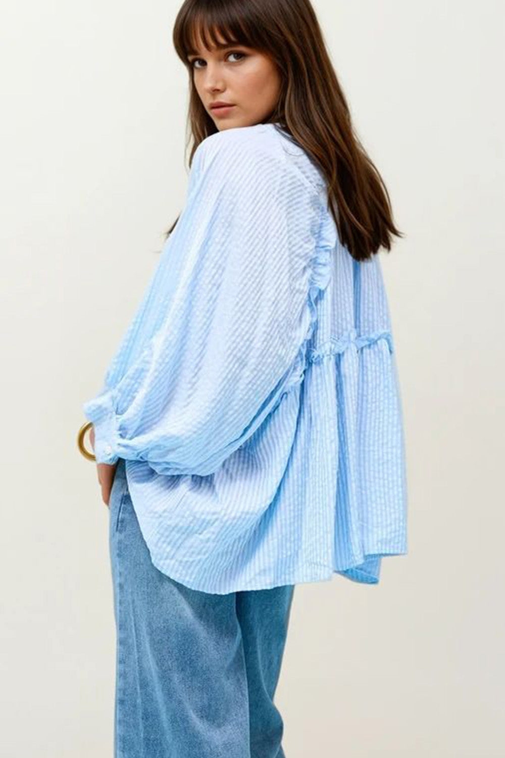 Baby Blue Balloon Sleeve Striped Blouse - Perfect for Casual Outings, Photoshoots & Special Occasions