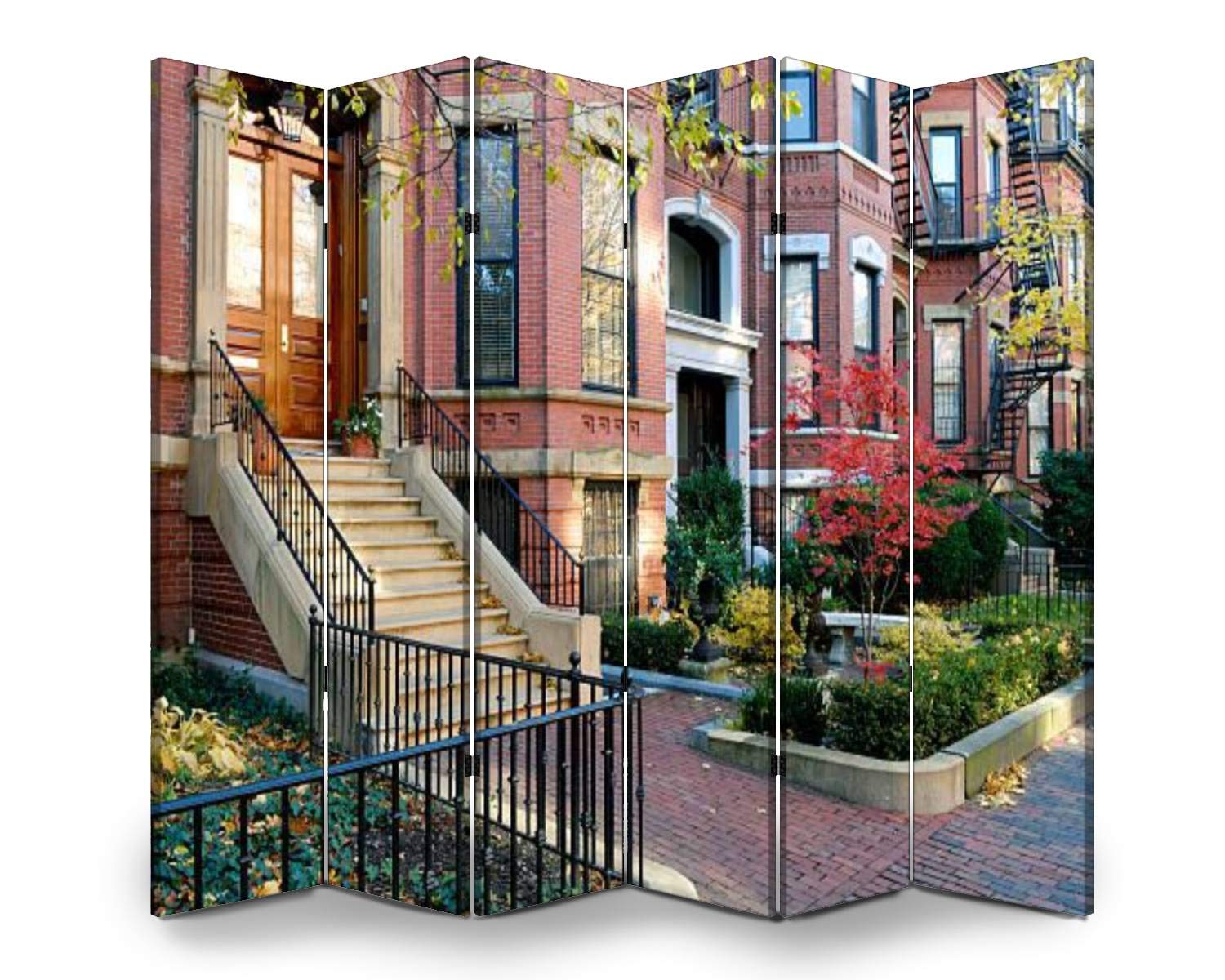 Wooden Folding Room Divider - 6 Panel Canvas Privacy Screen with Back Bay Facades Design | Dual-Sided Wall Partition for Home Office, Bedroom & Indoor Display Shelves | Perfect for Space Division & Decoration