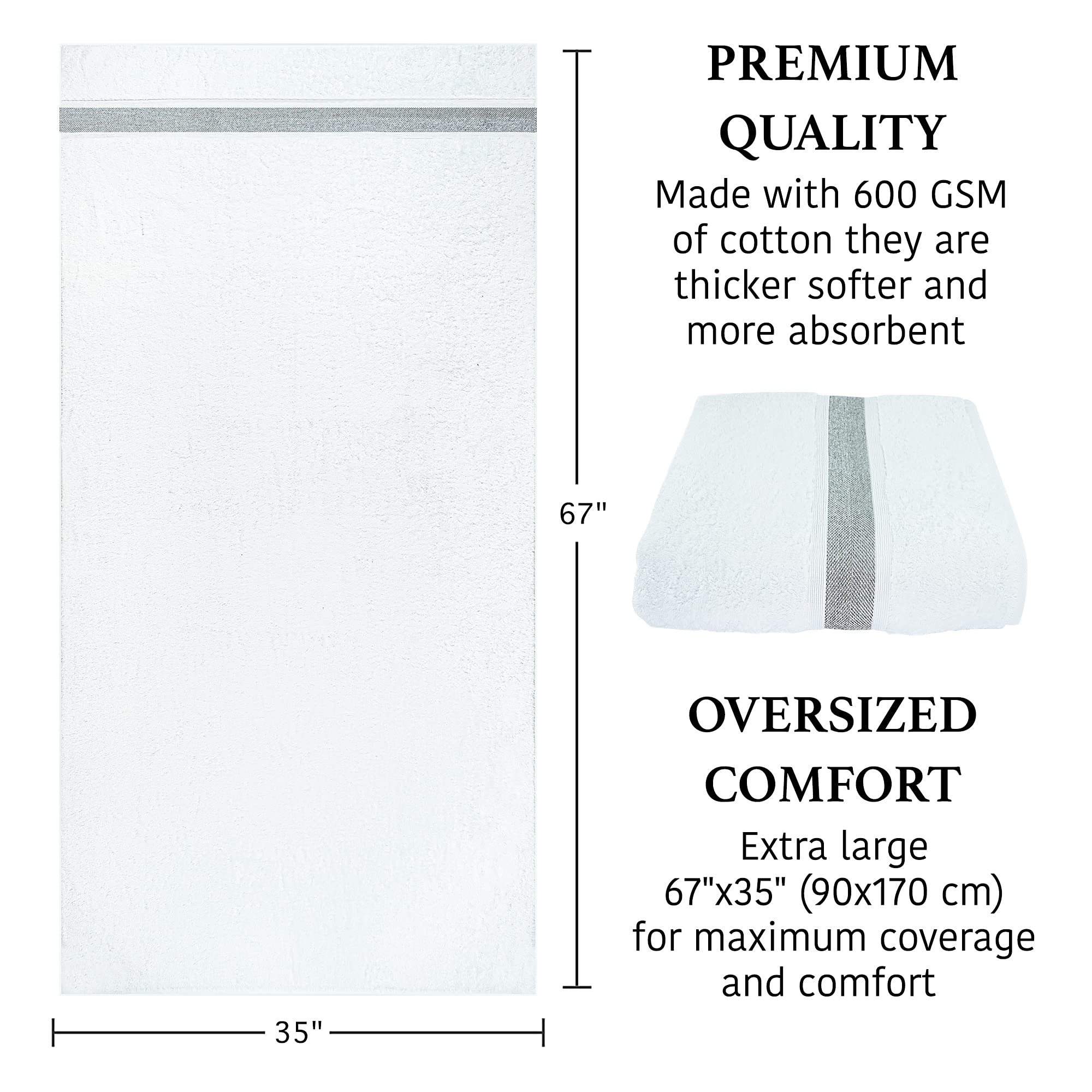 Luxury 100% Natural Cotton Bath Towel Set - Ultra Absorbent Hotel Quality Bath Sheets, 35 x 67 Inches Plush Thick Towels for Spa, Bathroom & Pool - Soft Bordered Design for Ultimate Comfort