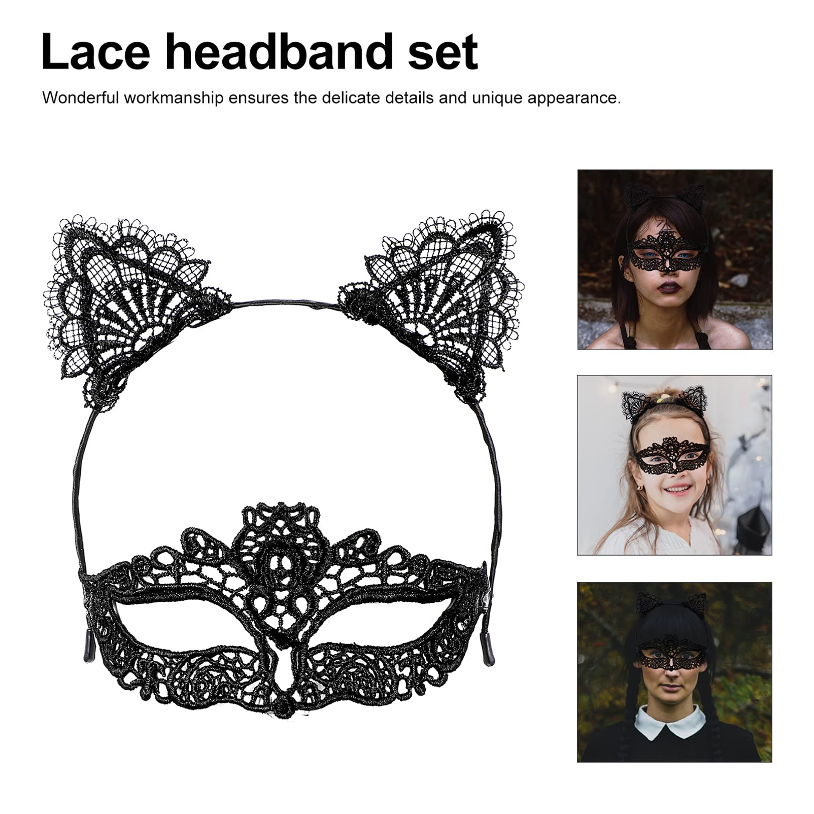 FRCOLOR Black Cat Lace Headband Set - Halloween Cat Ears Headpiece, Masquerade Party Hair Accessories for Women, Cosplay Costume Ears | Perfect for Halloween Parties, Cosplay Events, Themed Costume Nights and Photo Shoots