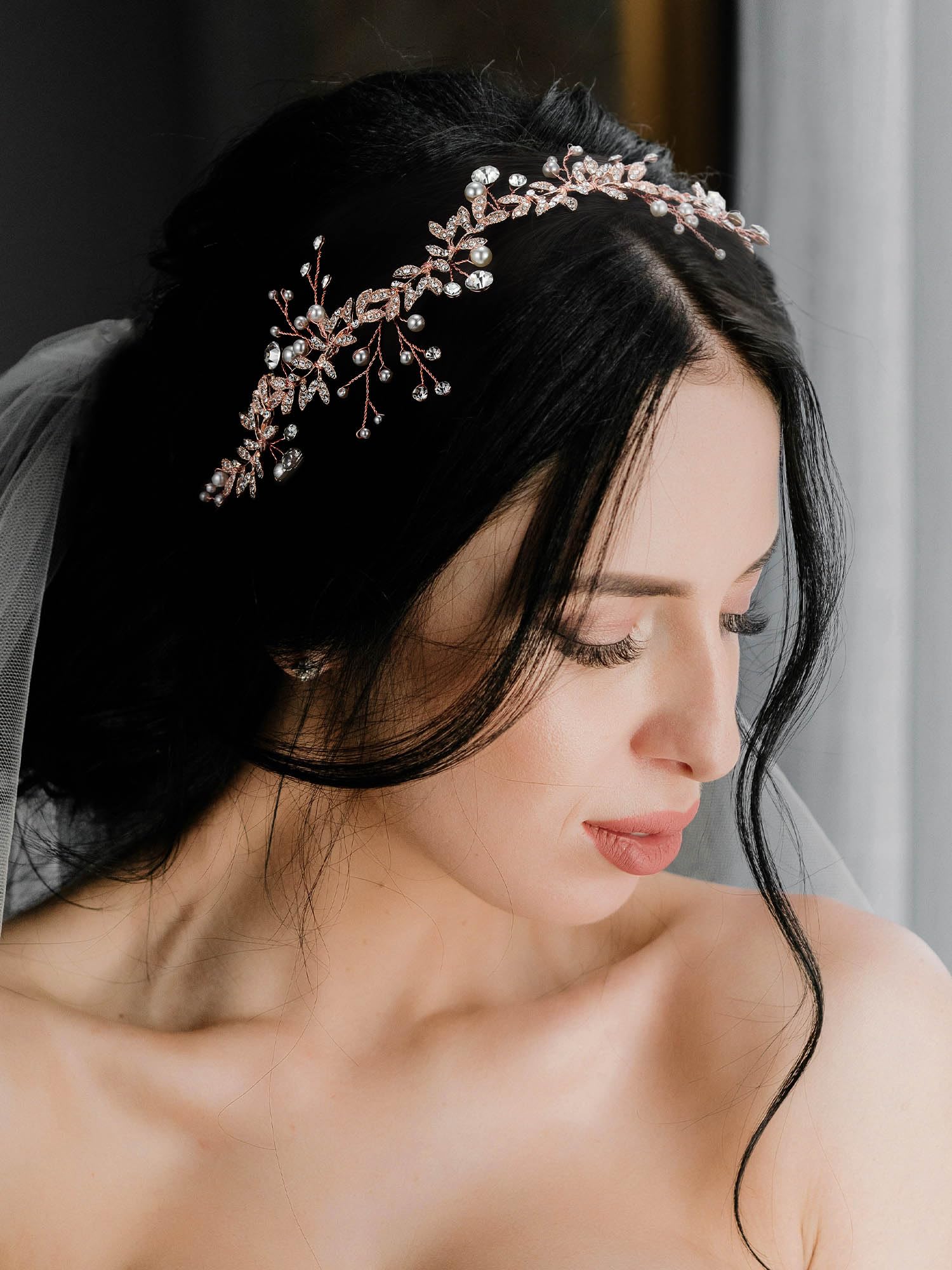SWEETV Rose Gold Crystal Wedding Headband with Pearls & Rhinestones – Elegant Bridal Hair Vine for Women, Perfect for Weddings, Prom, and Formal Events