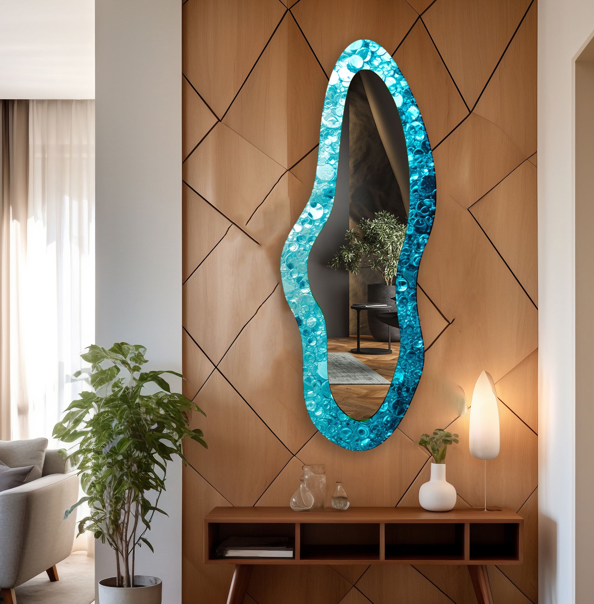 Blue Irregular Shaped Glass Wall Mirror - Unique Decorative Mirror for Living Room, Bedroom & Bathroom - Modern Home Decor
