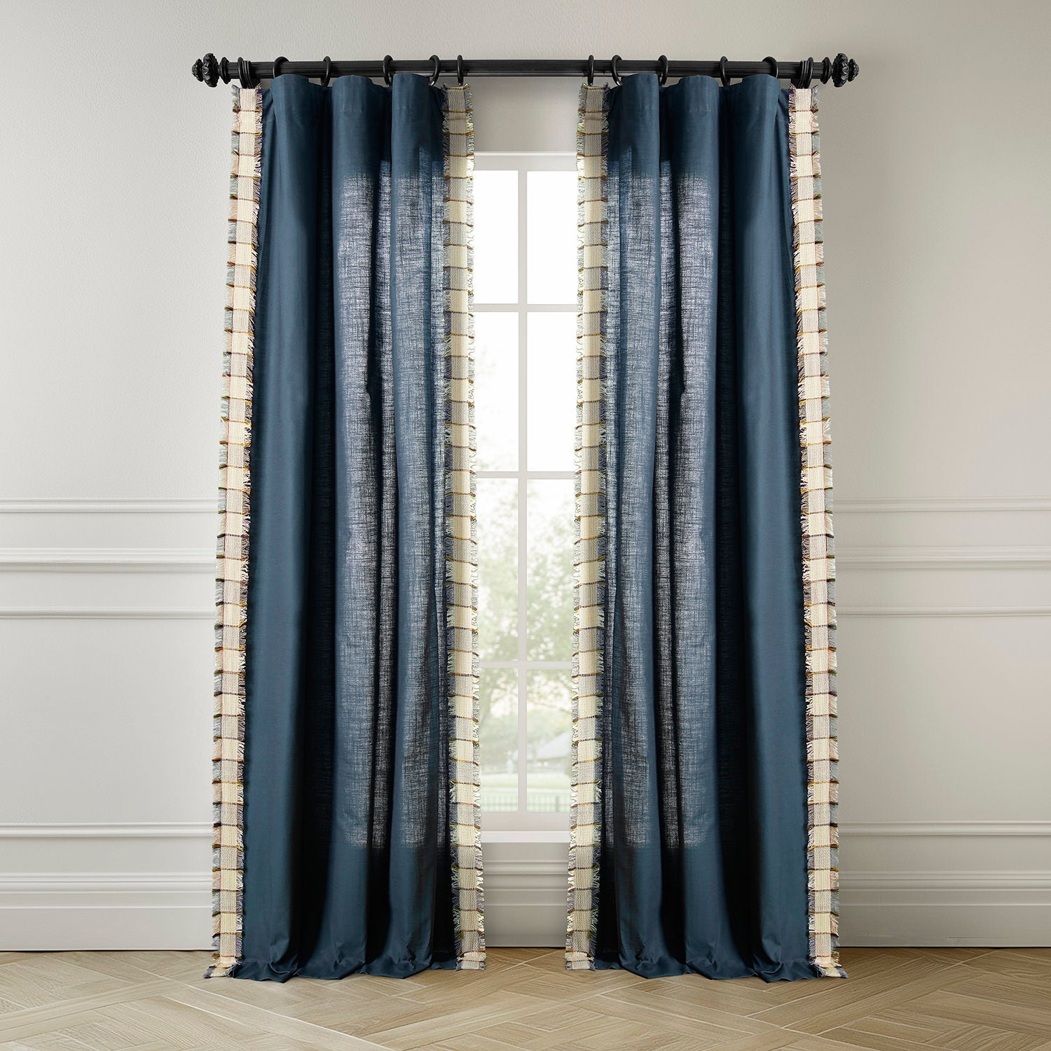 Dixy Blue Bordered Modern Hampton Textured Cotton Light Filtering Curtains for Living Room & Bedroom - Soft Window Treatment for Coastal & Farmhouse Decor