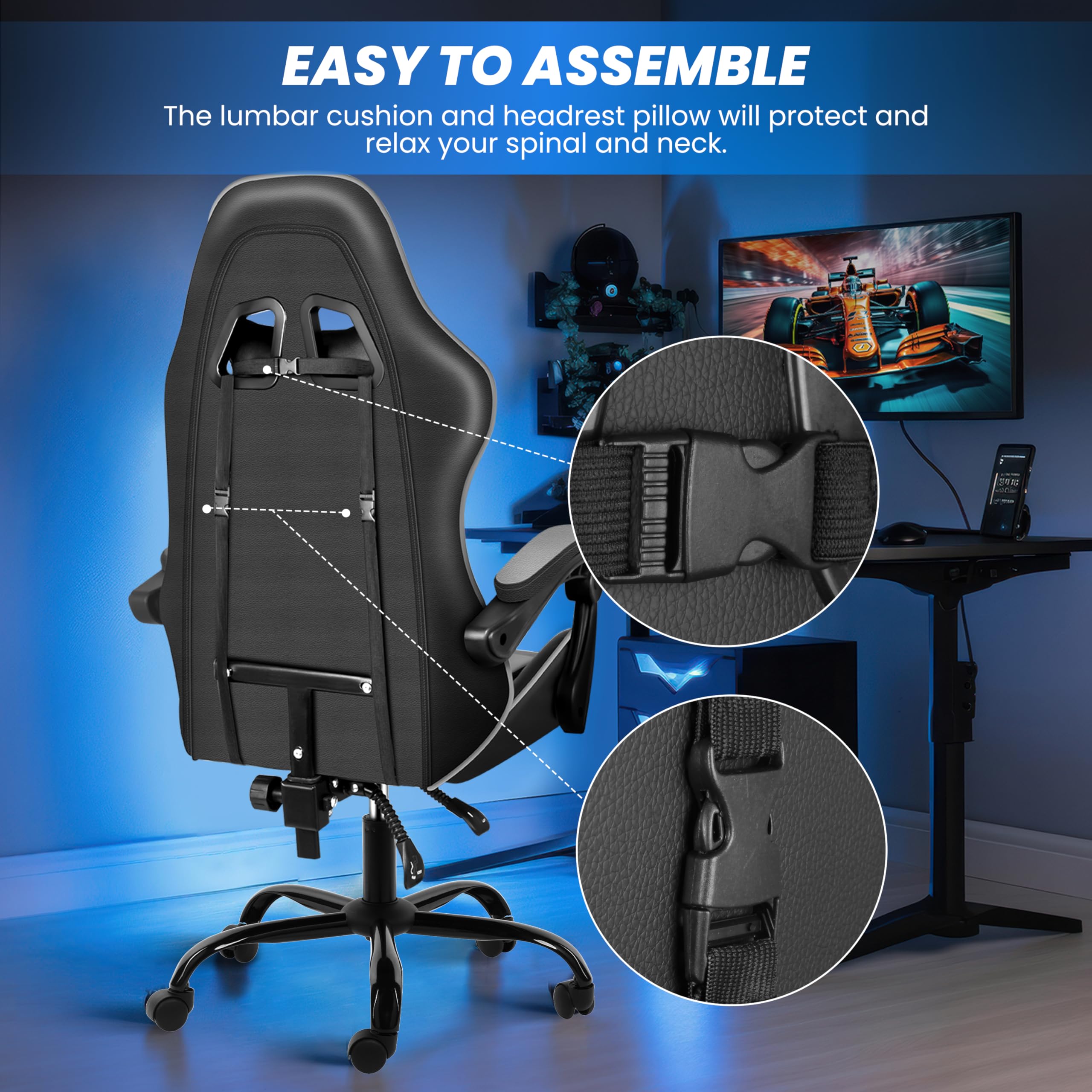 YSSOA Ergonomic Gaming Chair with Adjustable Footrest - Big and Tall Racing Style Office Chair with Headrest & Lumbar Support - Perfect for PC Gaming, Esports, and Home Office Workspace