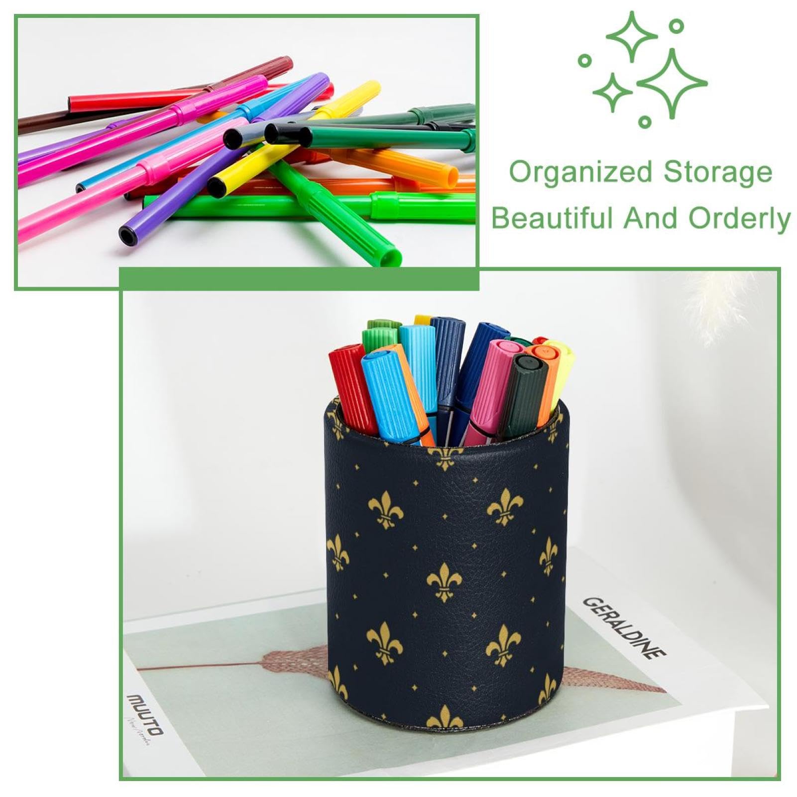 Premium Large Capacity Leather Pen Holder with Golden Fleur De Lis Pattern - Desk Organizer for Pens, Pencils & Makeup Brushes - Perfect for Home, Office & School Workspaces