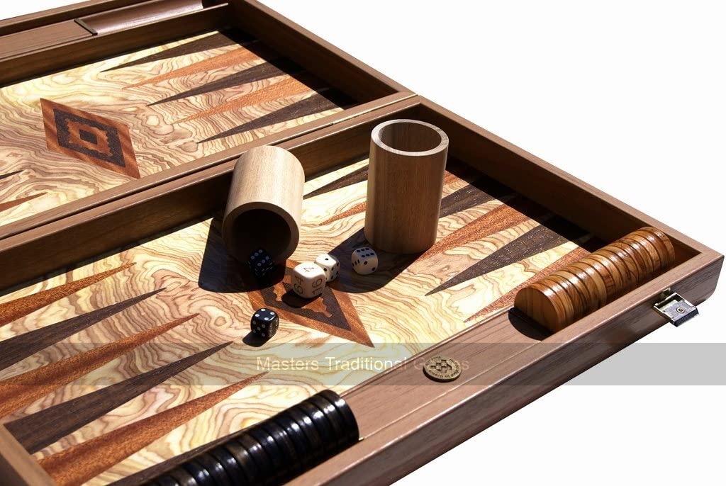 Premium 15-inch Olive Burl Wood Backgammon Set with Storage Compartment & Game Accessories - Luxury Board Game for Home, Travel & Gifts