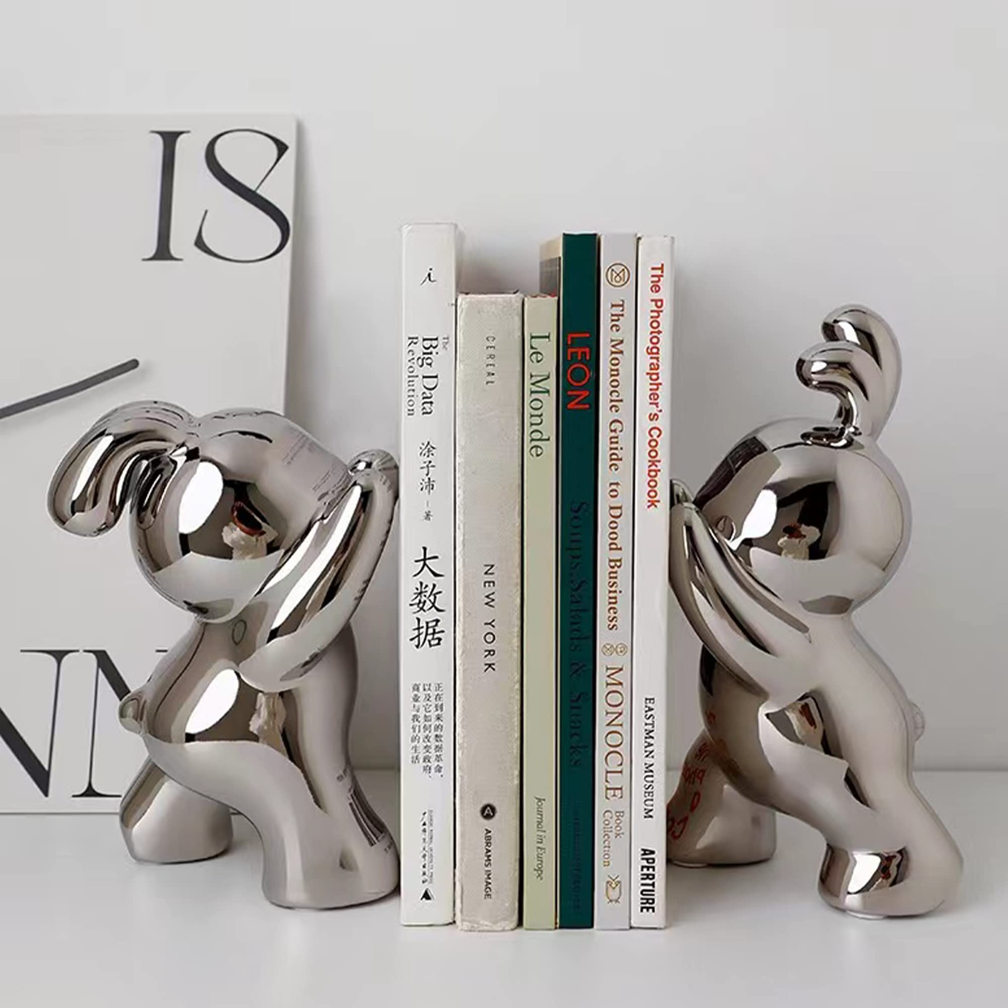2 Pcs Silver-Plated Ceramic Bunny Bookends - Heavy Duty Animal Figurine Shelf Organizer for Books, Movies, CDs & Video Games - Cute Rabbit Home Decor for Nursery, Kids Room & Office Desks