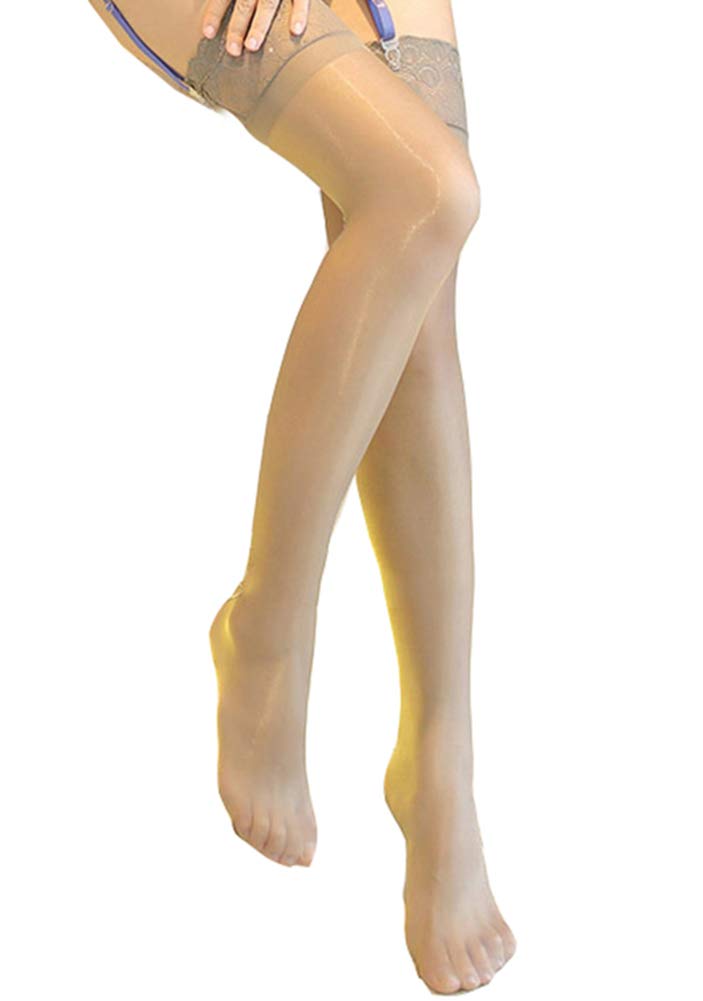 ZNL Women's Ultra Shimmery Lace Top Thigh High Sheer Stockings with Anti-Slip Silicone Band - Sexy Shiny Pantyhose for Date Night, Party & Special Occasions