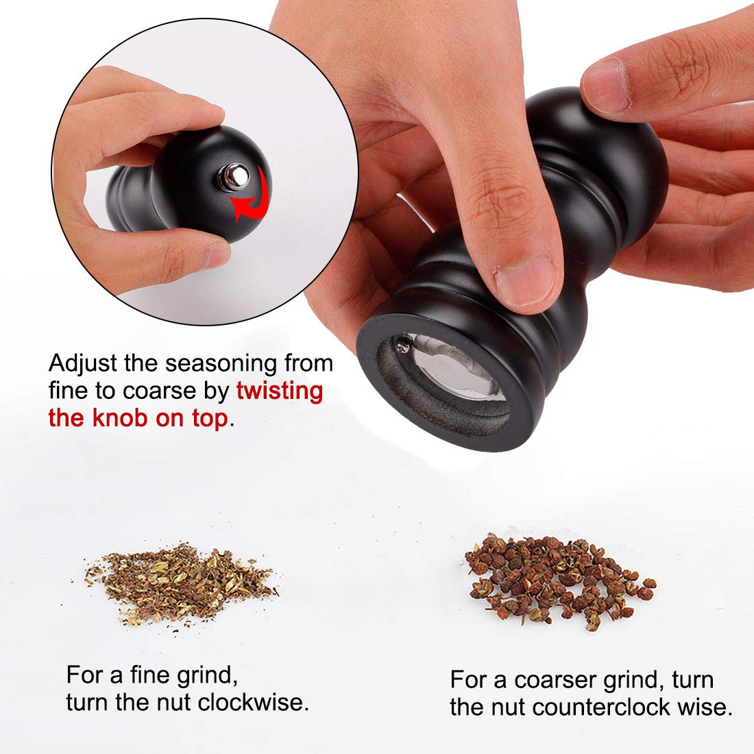 Premium 4.5 Inch Wooden Salt and Pepper Grinder Set - Adjustable Coarseness for Seasoning, Cooking & Meal Prep - Perfect for Kitchen, Dining Table & BBQ Parties (Black)