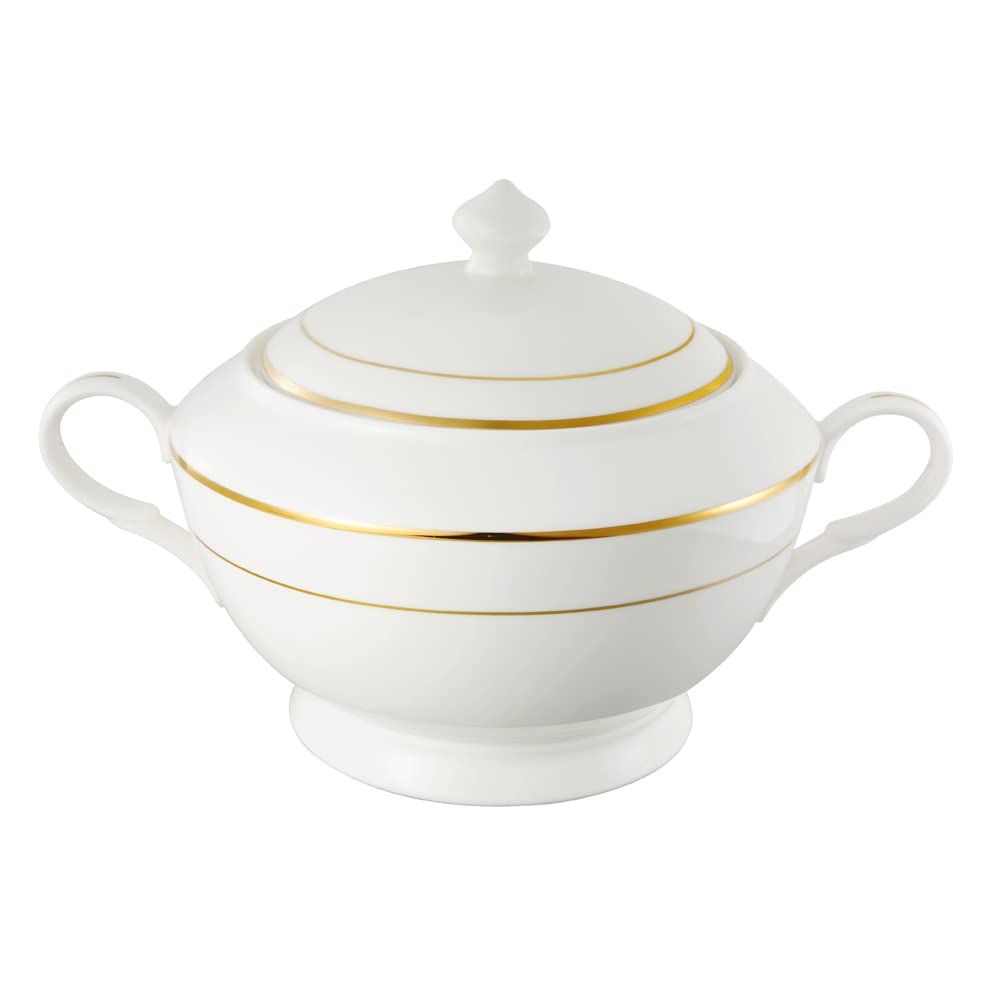 Premium Bone China Soup Tureen with Lid - Elegant Gold Design for Dinner Parties, Holiday Gatherings & Formal Events - Microwave & Dishwasher Safe Serving Bowl for Cream Soups, Stews & Chowders