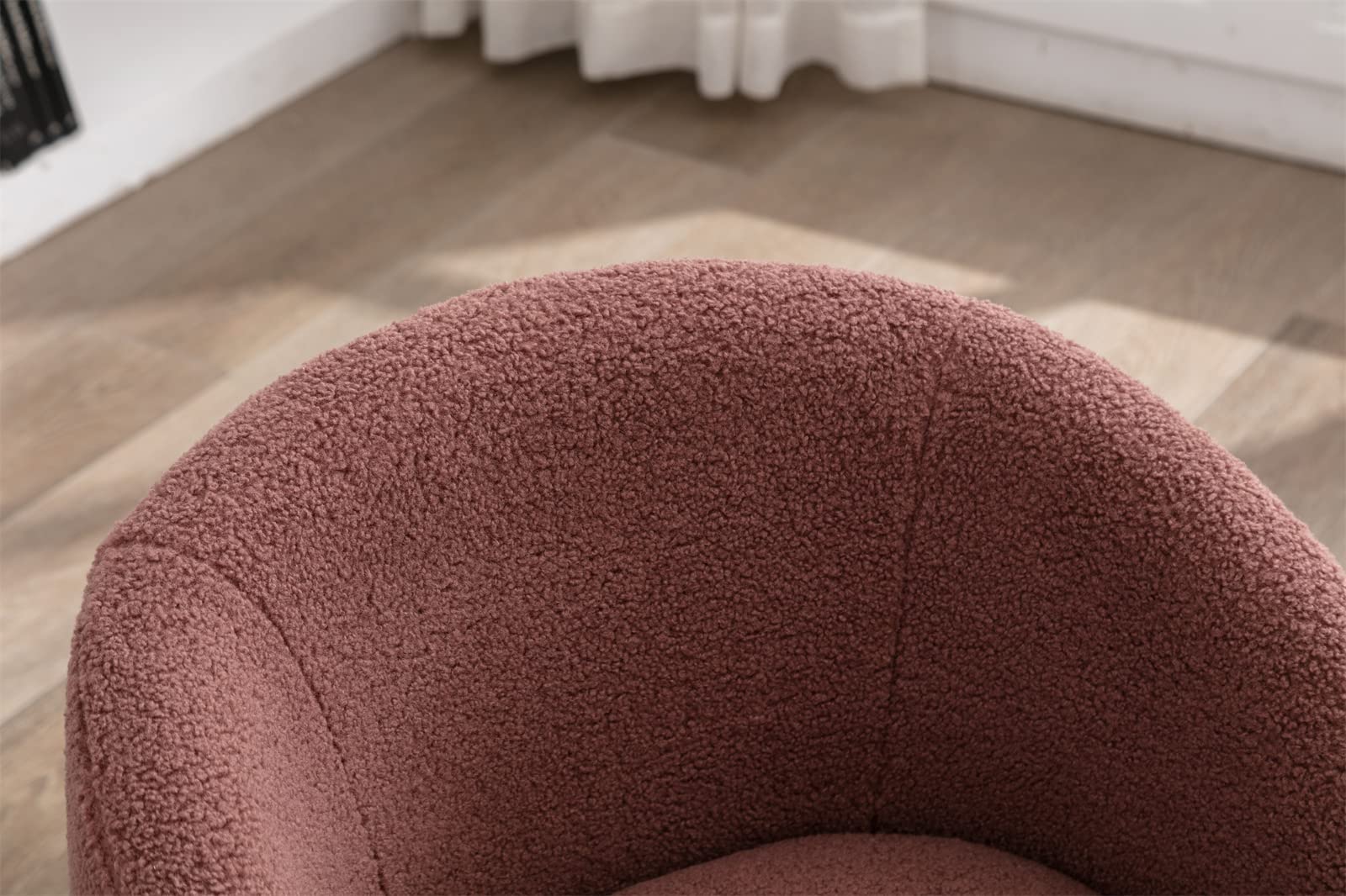 JINS&VICO Modern Swivel Barrel Chair - Teddy Fabric Upholstered Accent Armchair with 360° Metal Swivel Base, Round Single Leisure Sofa Chair for Living Room, Bedroom & Office - Dark Red - Perfect for Reading Nooks, Coffee Shops and Cozy Home Decor