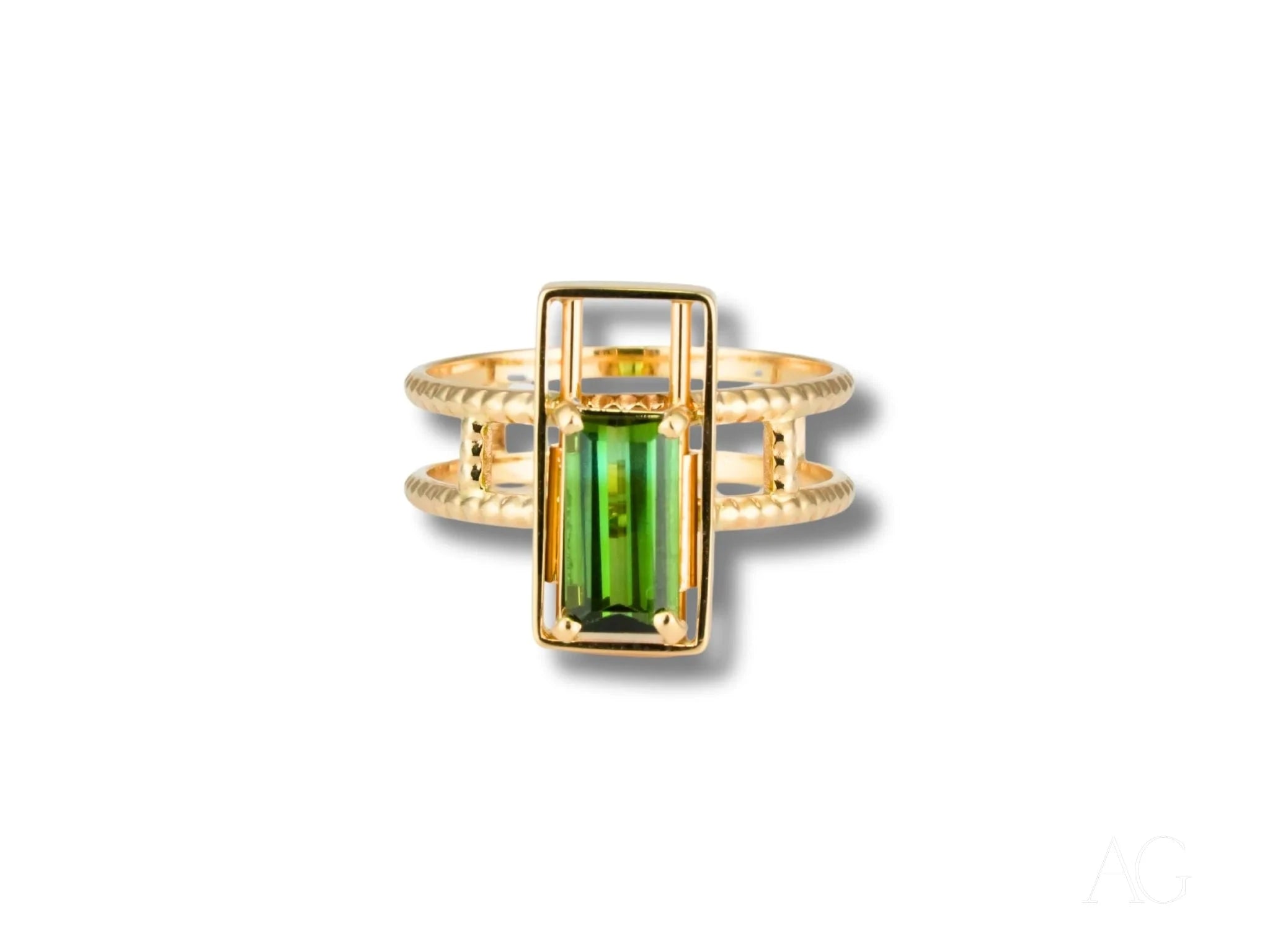 18K Gold Green Tourmaline Slide On Top Ring for Women - Emerald Edge Statement Jewelry - Perfect for Weddings, Parties & Special Occasions