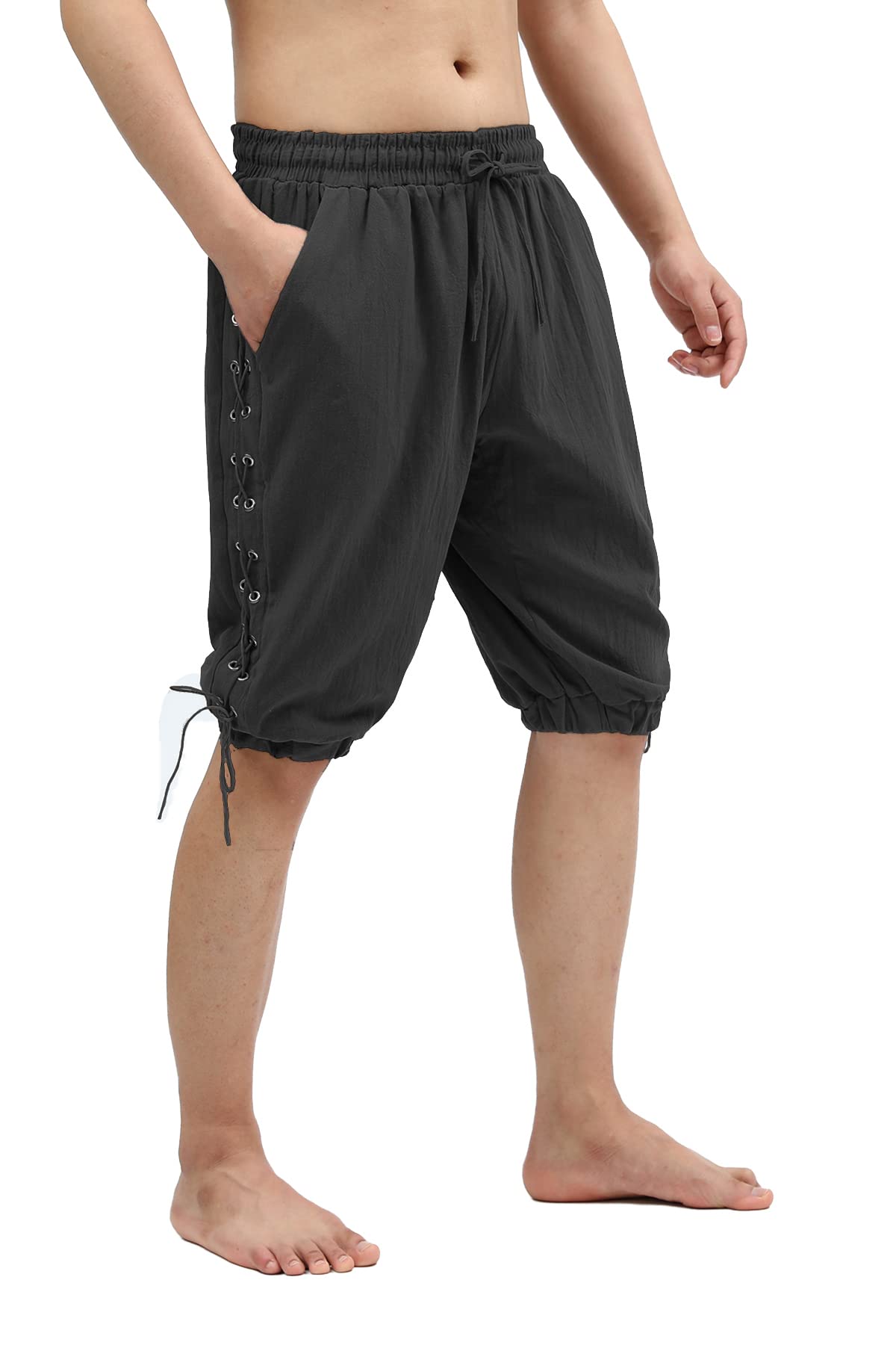 Men's Pirate Shorts - Medieval Viking Navigator Renaissance Banded Pants - Gothic Linen Costume Shorts for Cosplay, LARP, Halloween & Historical Reenactment