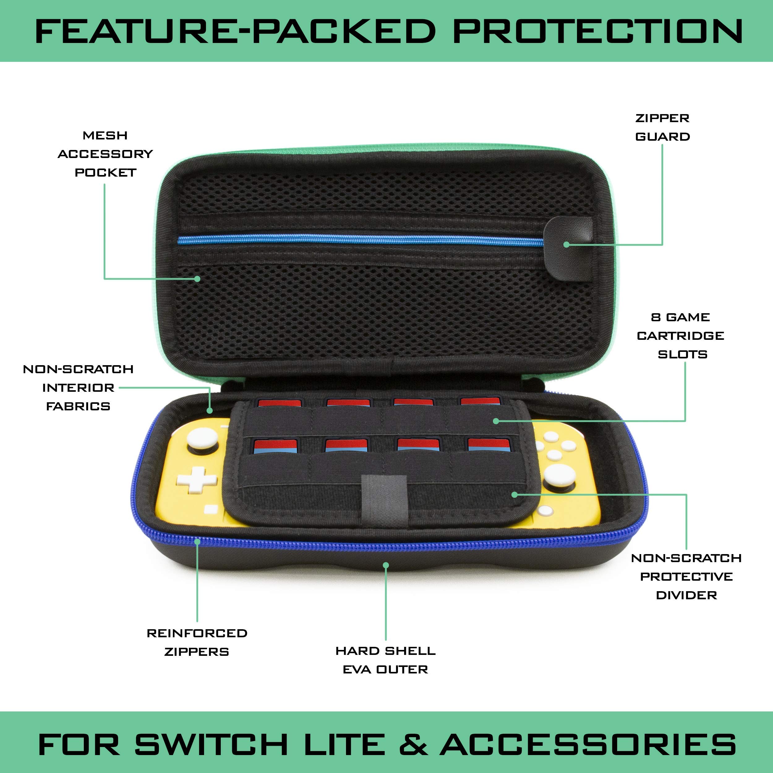 Premium Hard Shell Travel Case for Nintendo Switch Lite - Protective Carrying Case with 8 Game Slots, Non-Scratch Screen Divider & Accessory Storage | Durable Protection with Comfortable Handle for Gaming On-The-Go, Commuting & Travel Accessories