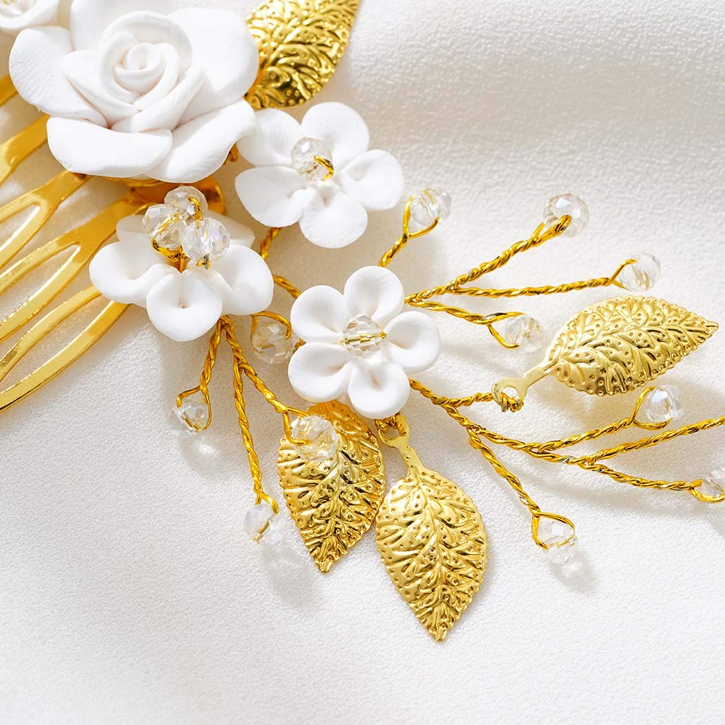 AUkmla Gold Pearl Flower Hair Comb - Elegant Bridal Wedding Hair Accessories for Women, Leaf Design Hair Pins (HC-24) | Perfect for Bridal Showers, Weddings & Special Occasions