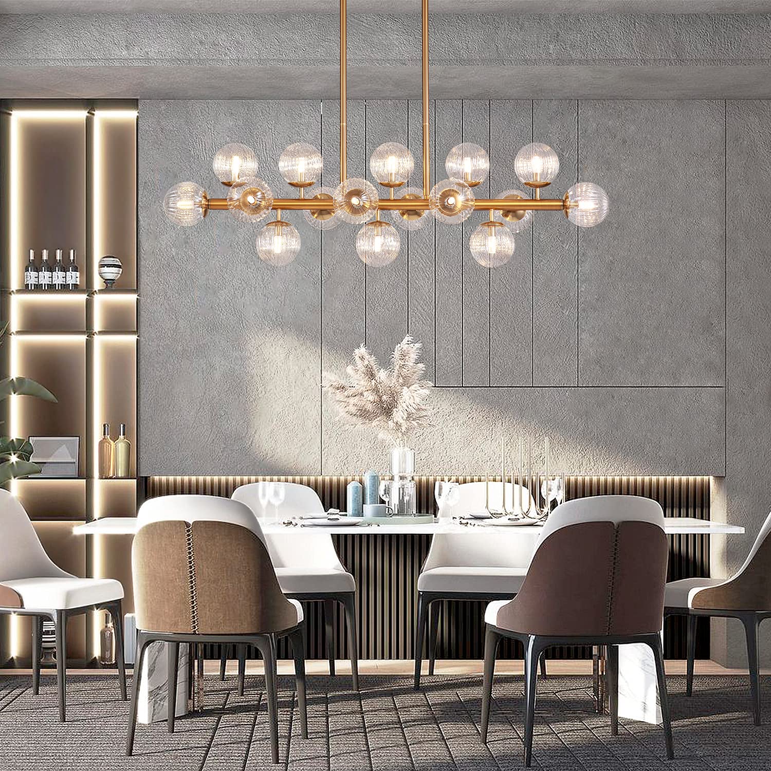 Siljoy Modern Gold Bubble Glass Chandelier - 49 Inch Semi Flush Mount Pendant Light for Living Room, Dining Room & Kitchen Island - Elegant Clear Glass Fixture for Home Decor & Ambient Lighting