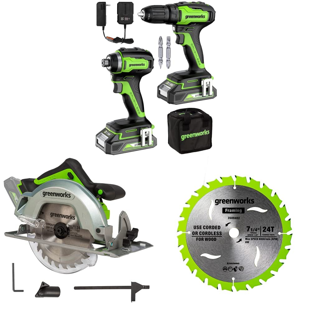 Greenworks 24V Brushless Cordless Power Tool Combo Kit (Drill, Impact Driver, Circular Saw) with 2× 2Ah Batteries & Charger - Perfect for DIY Projects, Home Improvement & Professional Construction Work