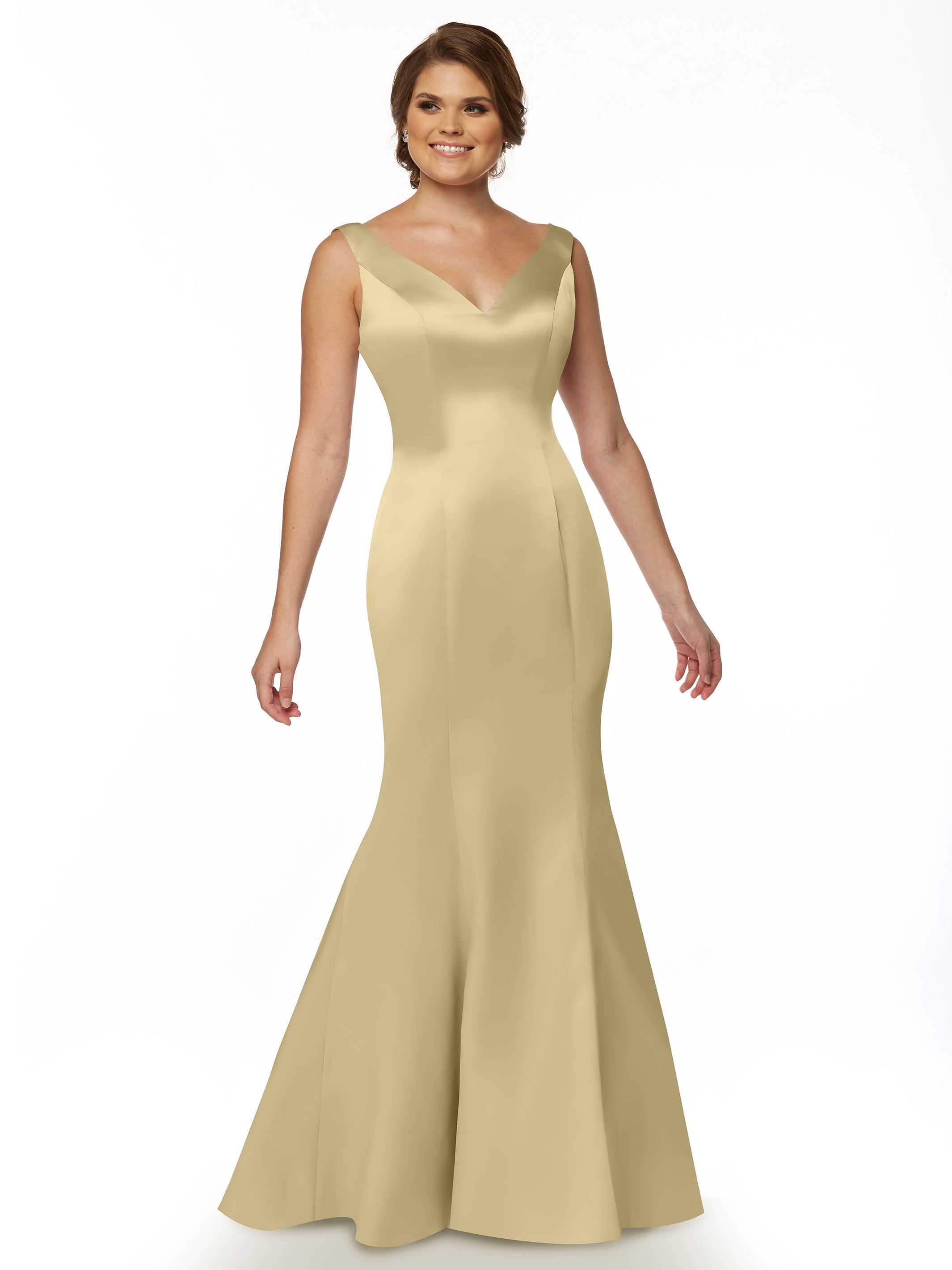 Elegant 80078 Fit and Flare Satin Bridesmaid Dress with V-Neckline & Ruffled Back - Perfect for Weddings, Proms, and Formal Events