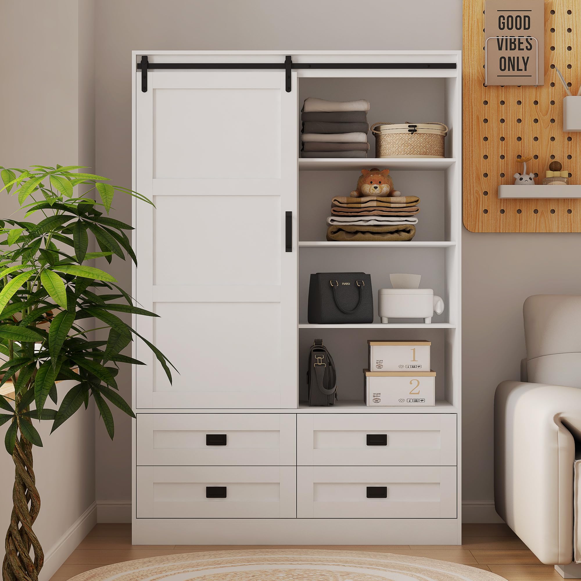 Tall Armoire Wardrobe Closet for Bedroom - Freestanding Wooden Clothing Storage Cabinet with Hanging Rod, Barn Doors, Drawers & Open Shelves - White (Style 1) - Perfect for Master Bedroom, Guest Room or Walk-in Closet Organization