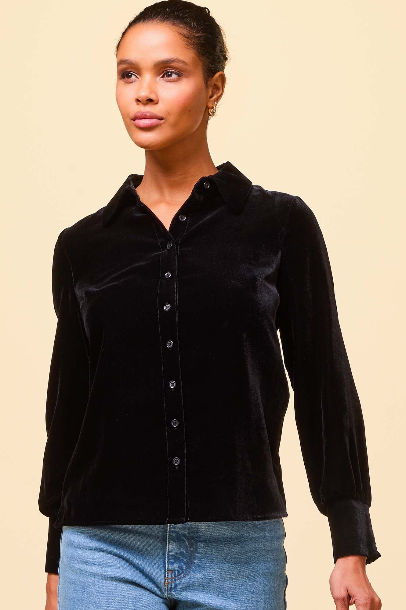 Ffion Velvet Shirt for Women - Soft & Luxurious Black Velvet Blouse - Perfect for Date Night, Office Wear & Special Occasions