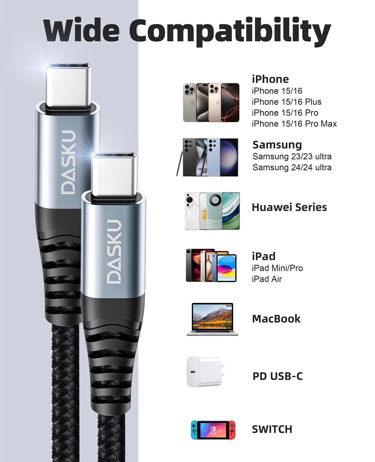 100W USB C to USB C Cable 15FT - Extra Long Fast Charging Braided Type C Cable - Compatible with iPhone 16/15/Pro/Plus/Pro Max, Samsung Galaxy S23, LG, Nintendo Switch - Perfect for Home, Office & Travel Charging