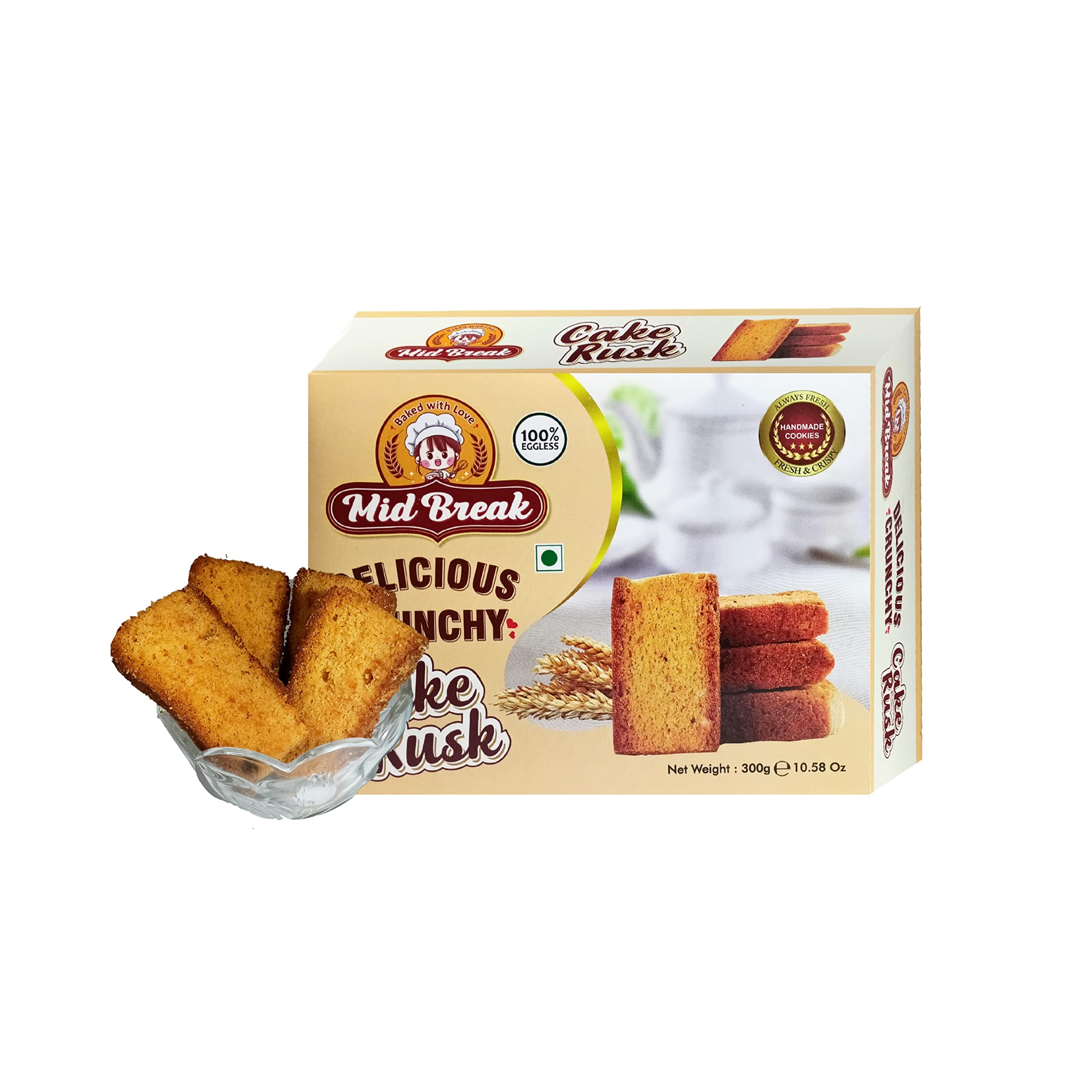 Premium Handmade Eggless Cake Rusks - Extra Soft & Delicious MidBreak Snack, 300g (Pack of 1) - Perfect for Tea Time, Breakfast or Gifting