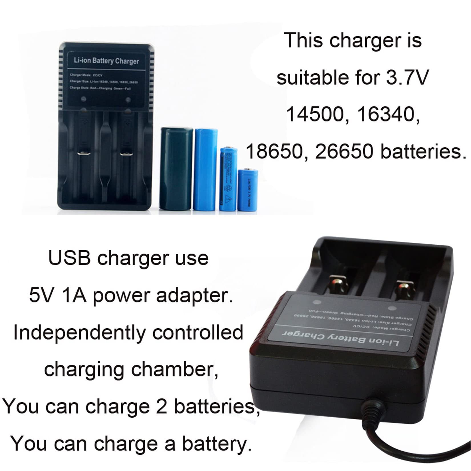 Universal 2-Bay Smart Fast Charger for 3.7V Lithium Batteries - 26650, 18650, 14500 Rechargeable Battery Charger (Batteries Not Included) - Perfect for Vape Mods, Flashlights, and Electronic Devices