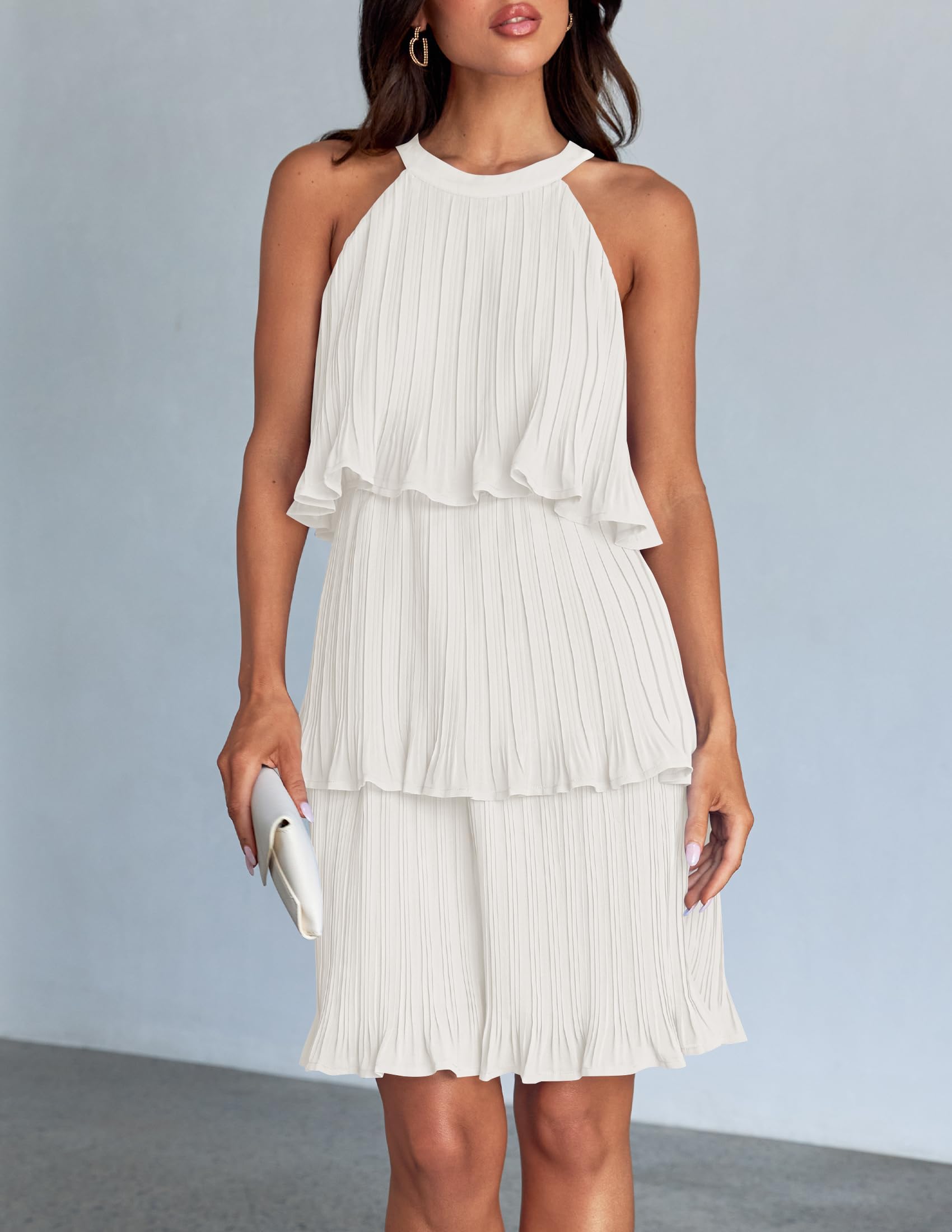 ZESICA Women's Summer Halter Dress - Sleeveless Ruffle Tiered Chiffon Pleated A-Line Mini Swing Dress for Beach, Party & Vacation | Flowy Casual & Evening Wear