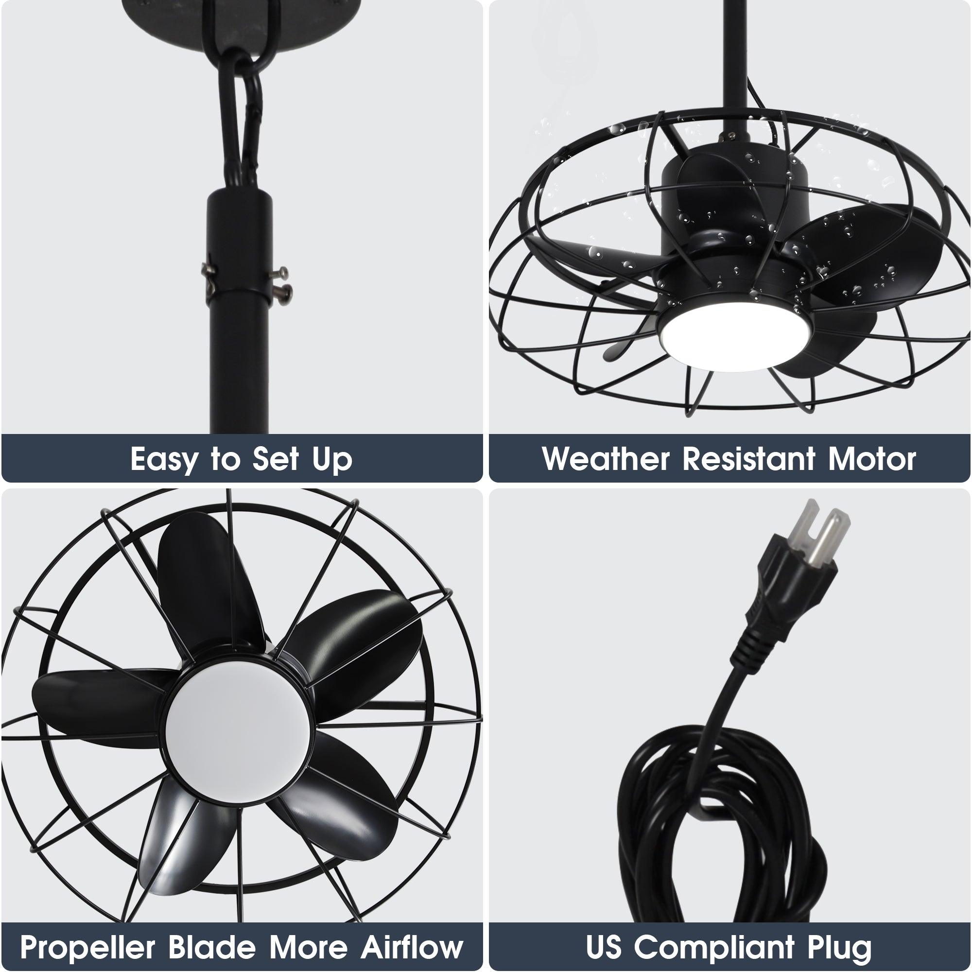 20 Inch Vistula Outdoor Ceiling Fan with Light - Black Industrial Style, DC Motor, Hanging Buckle Downrod - Perfect for Patio, Deck, and Covered Porch Cooling