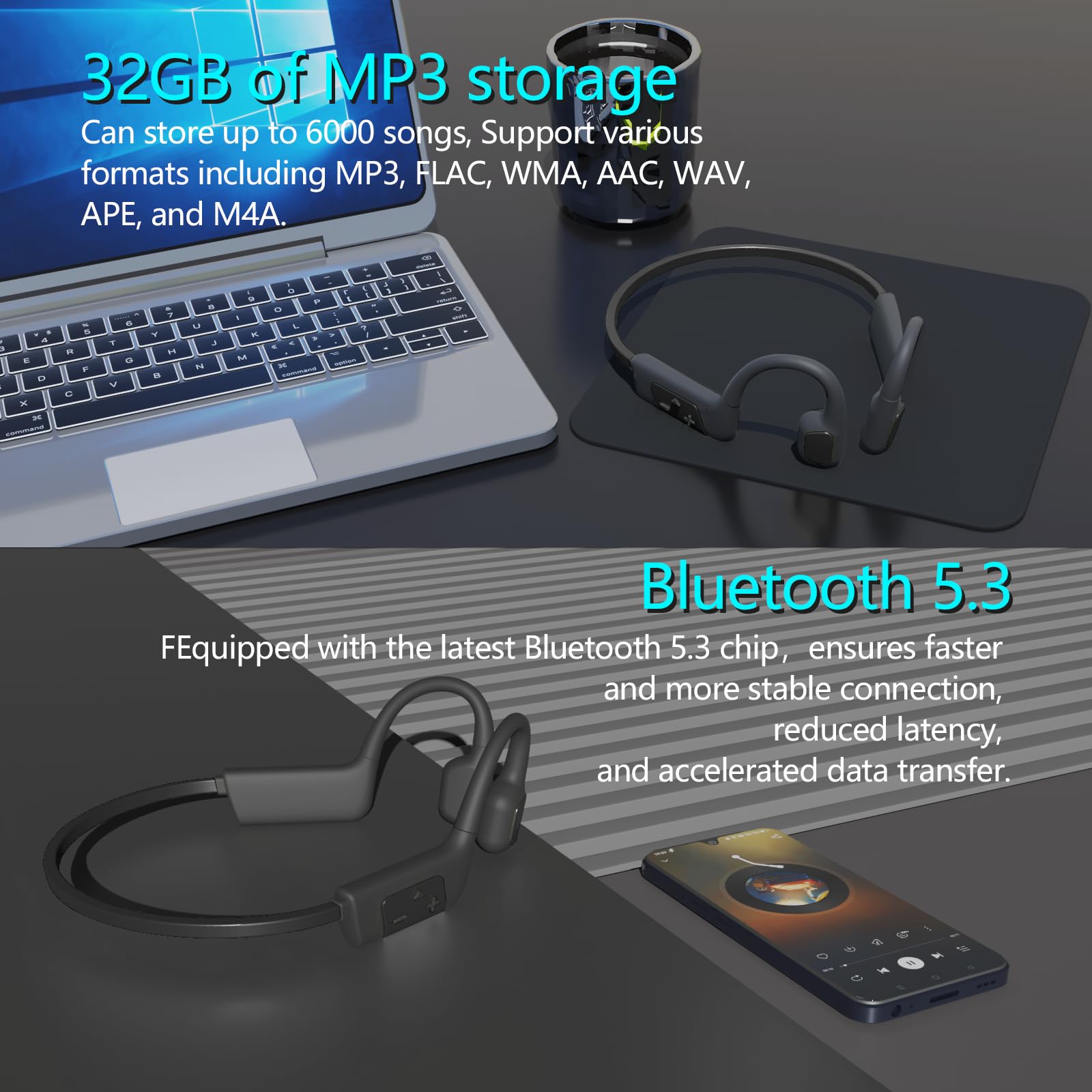 Bluetooth 5.3 Wireless Bone Conduction Headphones with Mic - 32GB MP3 Player, 15H Playtime, IP68 Waterproof - Open Ear Headphones for Swimming, Running & Fitness Workout - Perfect for Outdoor Sports, Gym Training & Water Activities